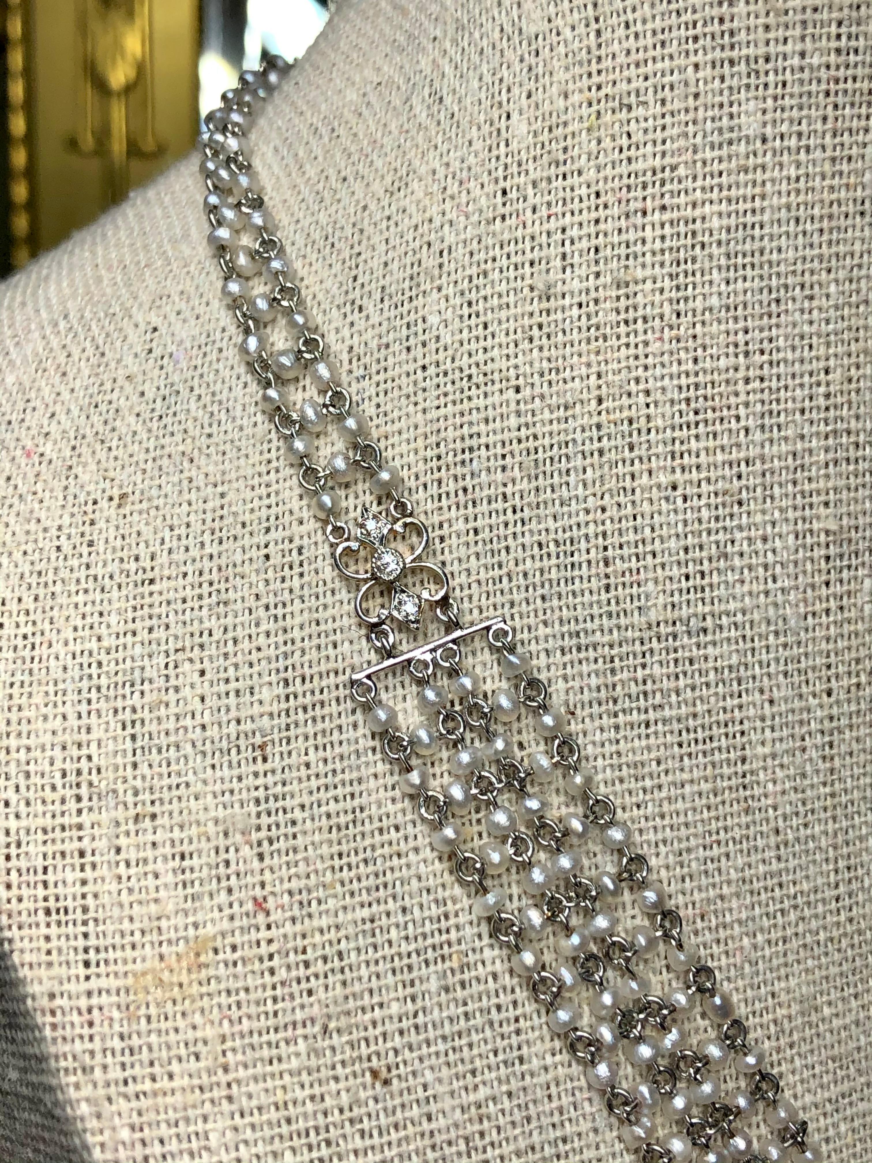 Old Mine Cut Antique Edwardian Platinum Diamond Moonstone Seed Pearl Sautoir Necklace 16.5” For Sale