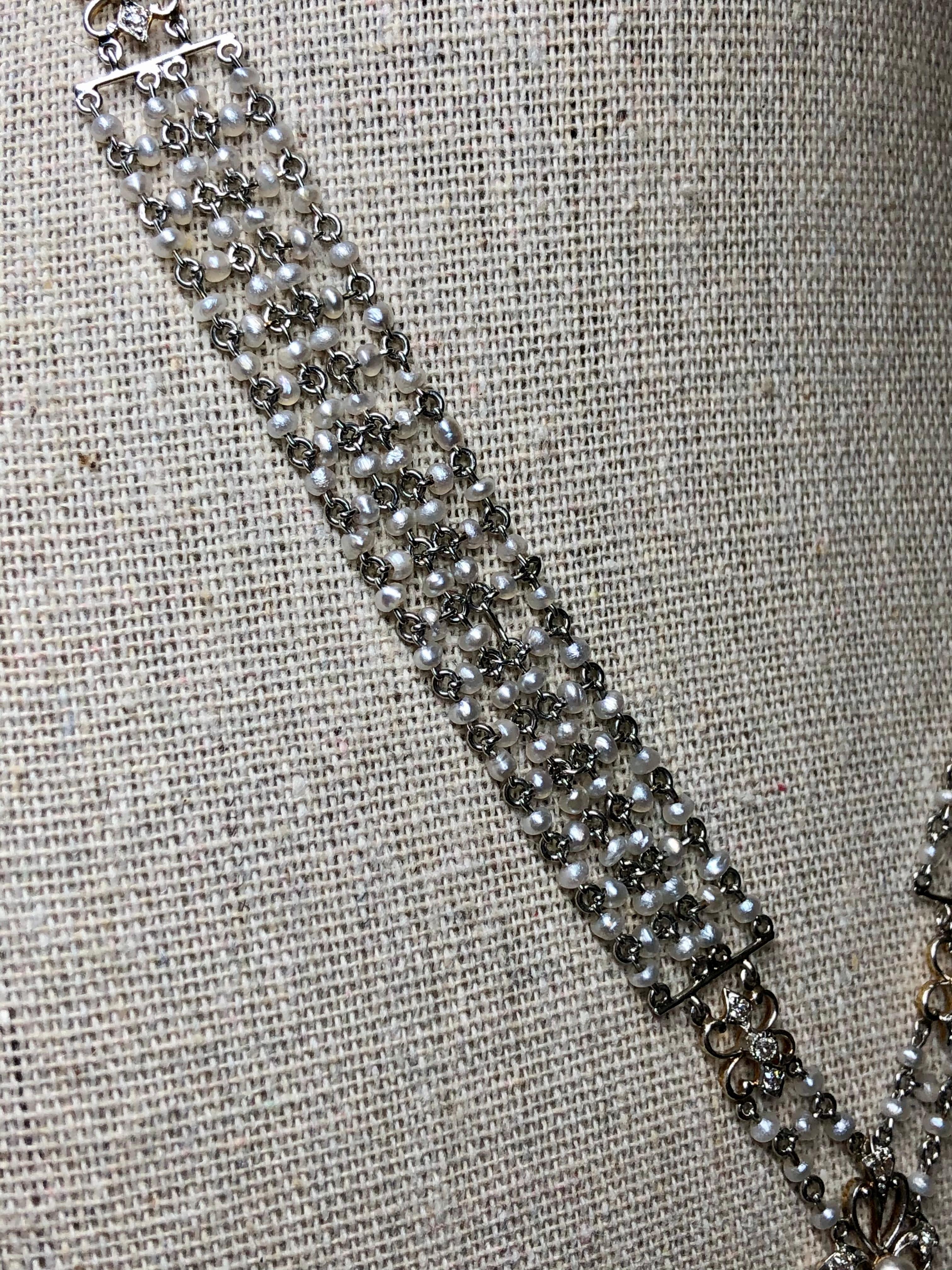 Antique Edwardian Platinum Diamond Moonstone Seed Pearl Sautoir Necklace 16.5” In Good Condition For Sale In Winter Springs, FL