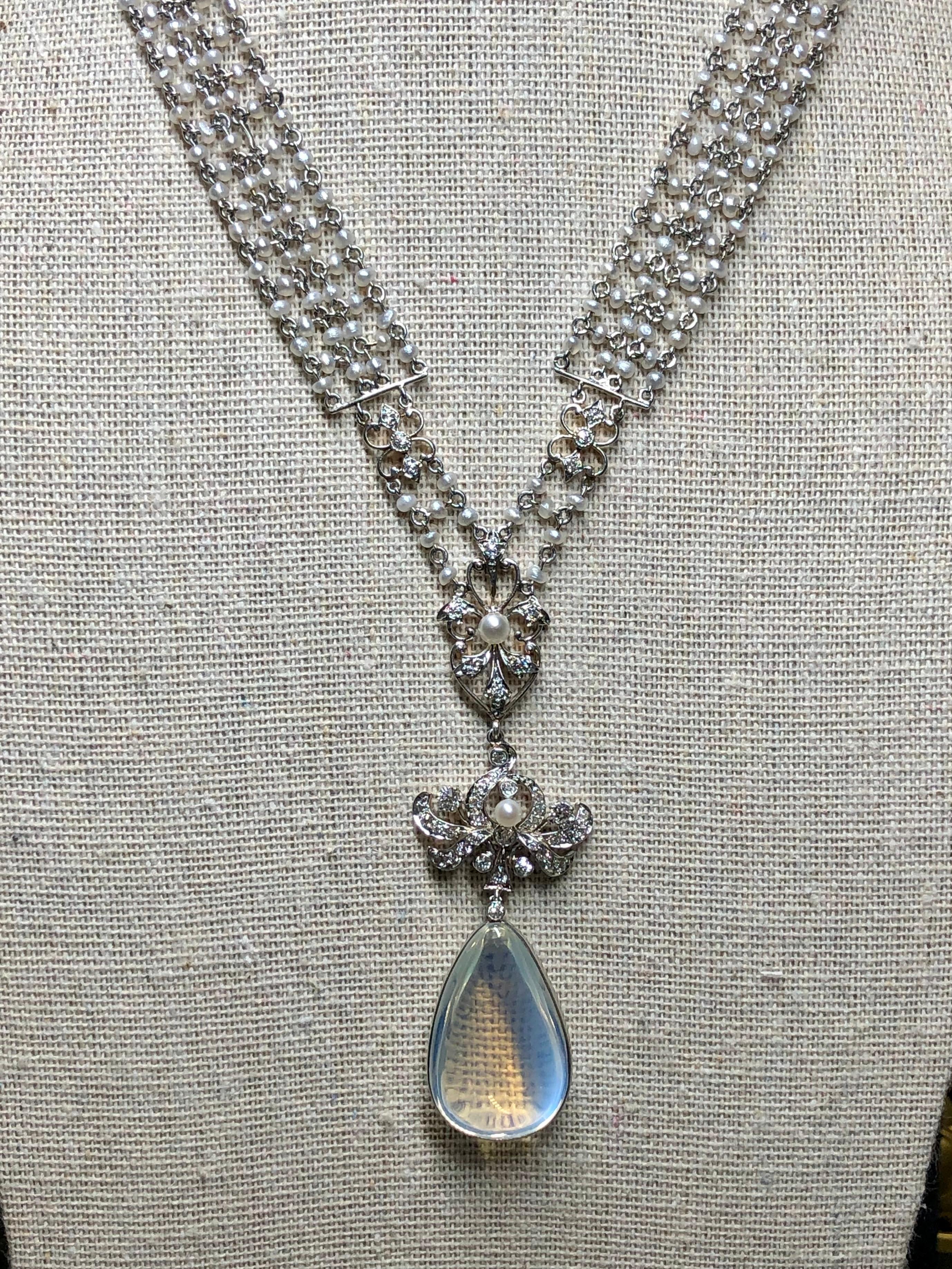 Women's or Men's Antique Edwardian Platinum Diamond Moonstone Seed Pearl Sautoir Necklace 16.5” For Sale