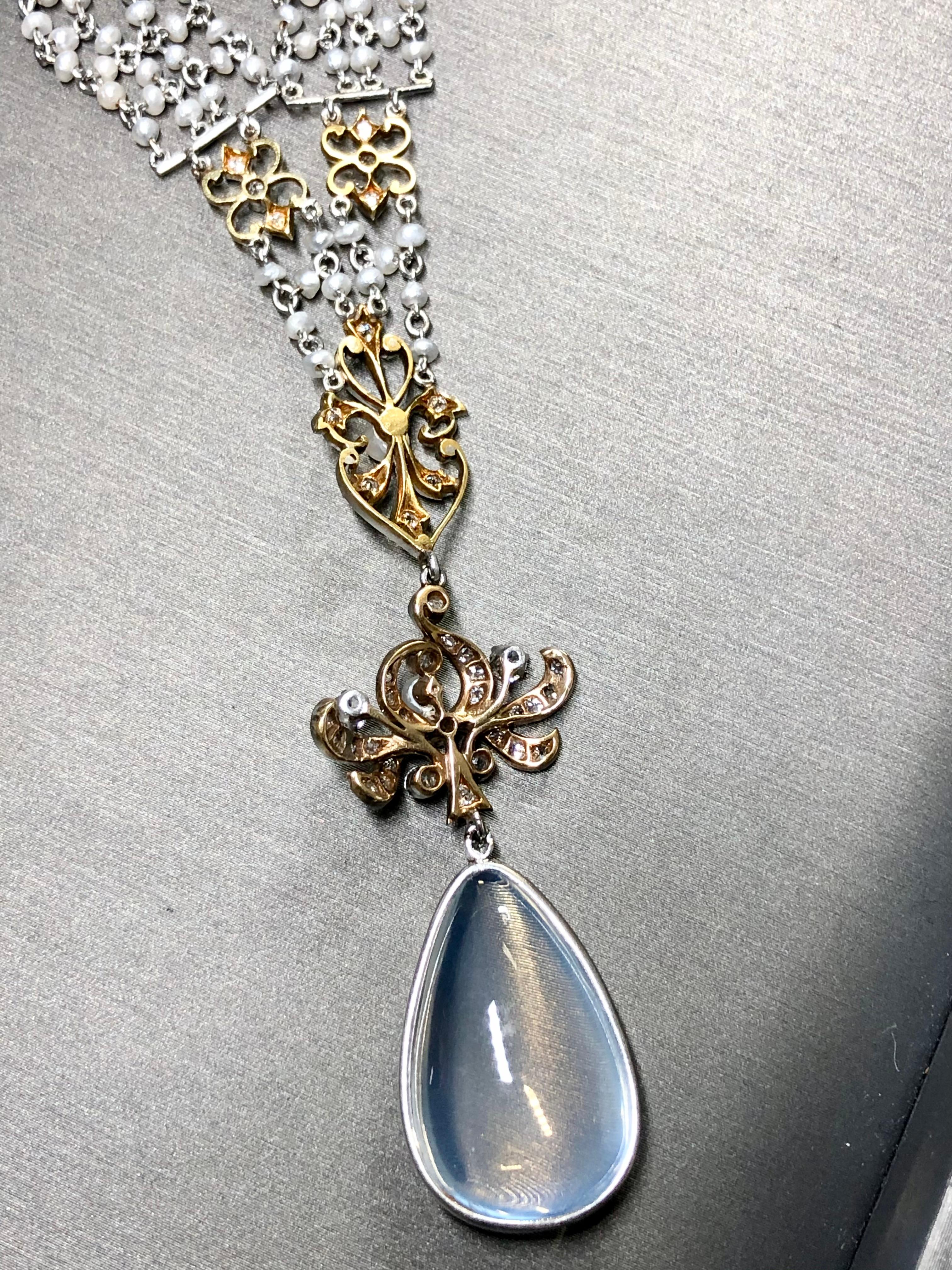 Antique Edwardian Platinum Diamond Moonstone Seed Pearl Sautoir Necklace 16.5” For Sale 2