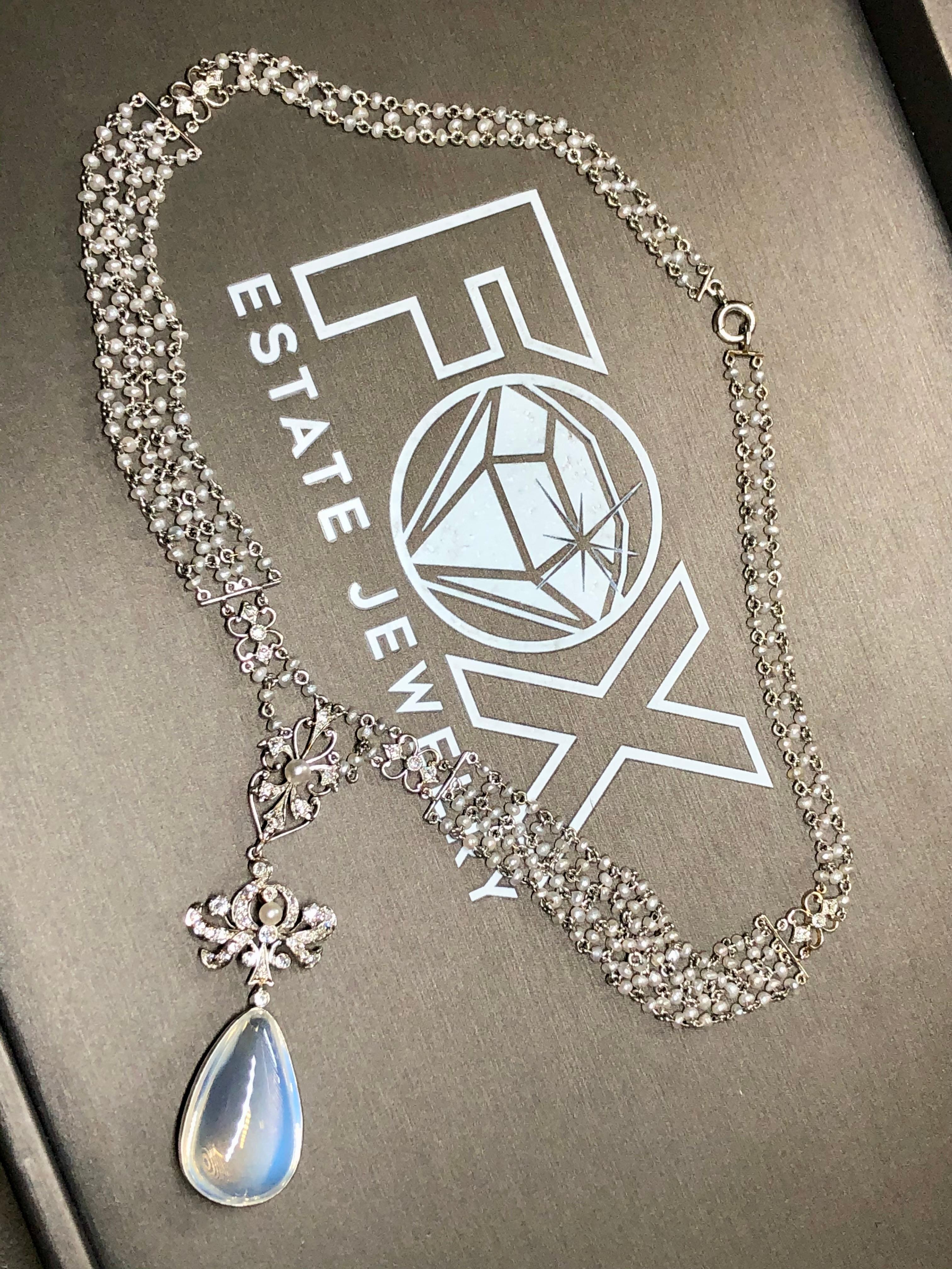 Antique Edwardian Platinum Diamond Moonstone Seed Pearl Sautoir Necklace 16.5” For Sale 3
