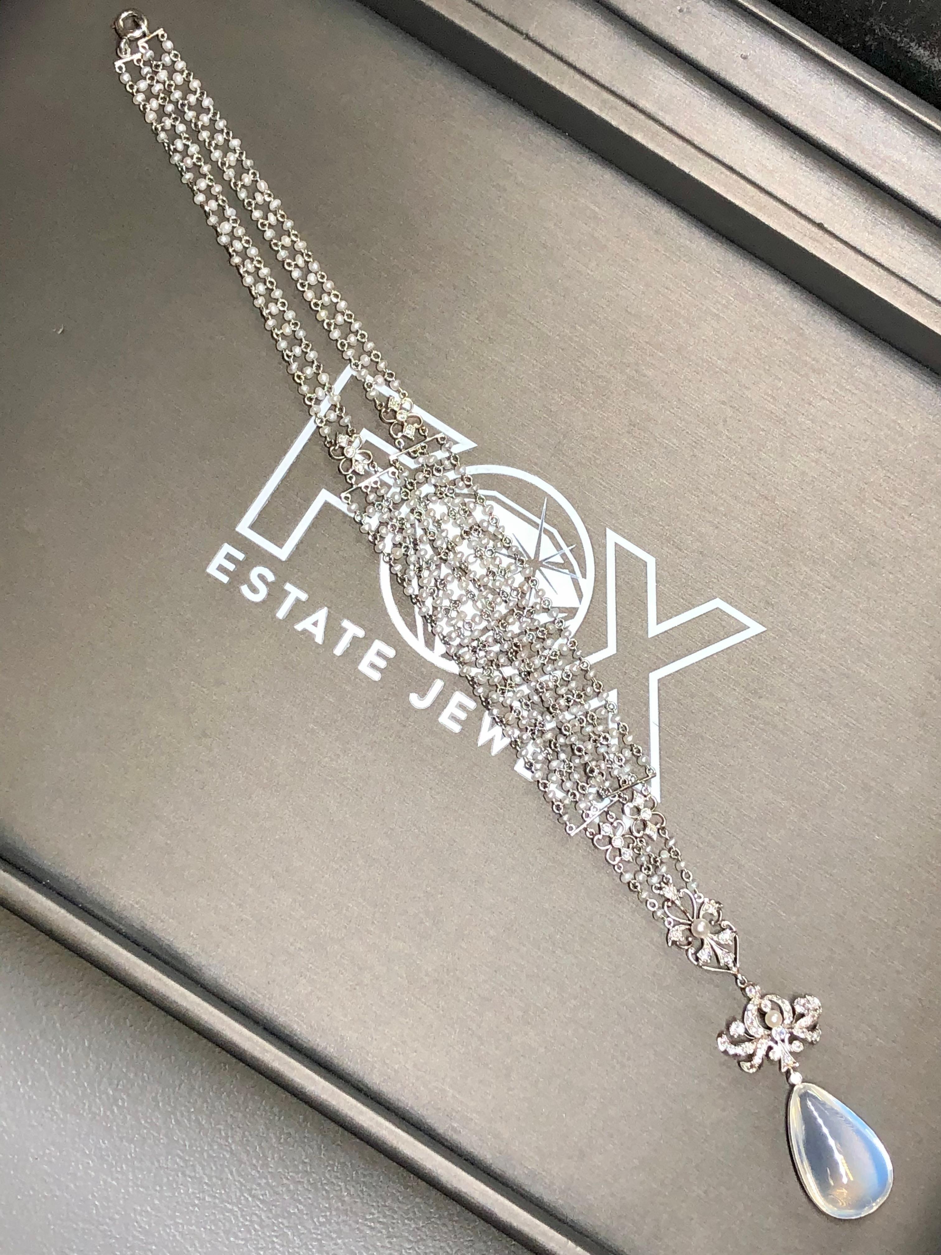 Antique Edwardian Platinum Diamond Moonstone Seed Pearl Sautoir Necklace 16.5” For Sale 4
