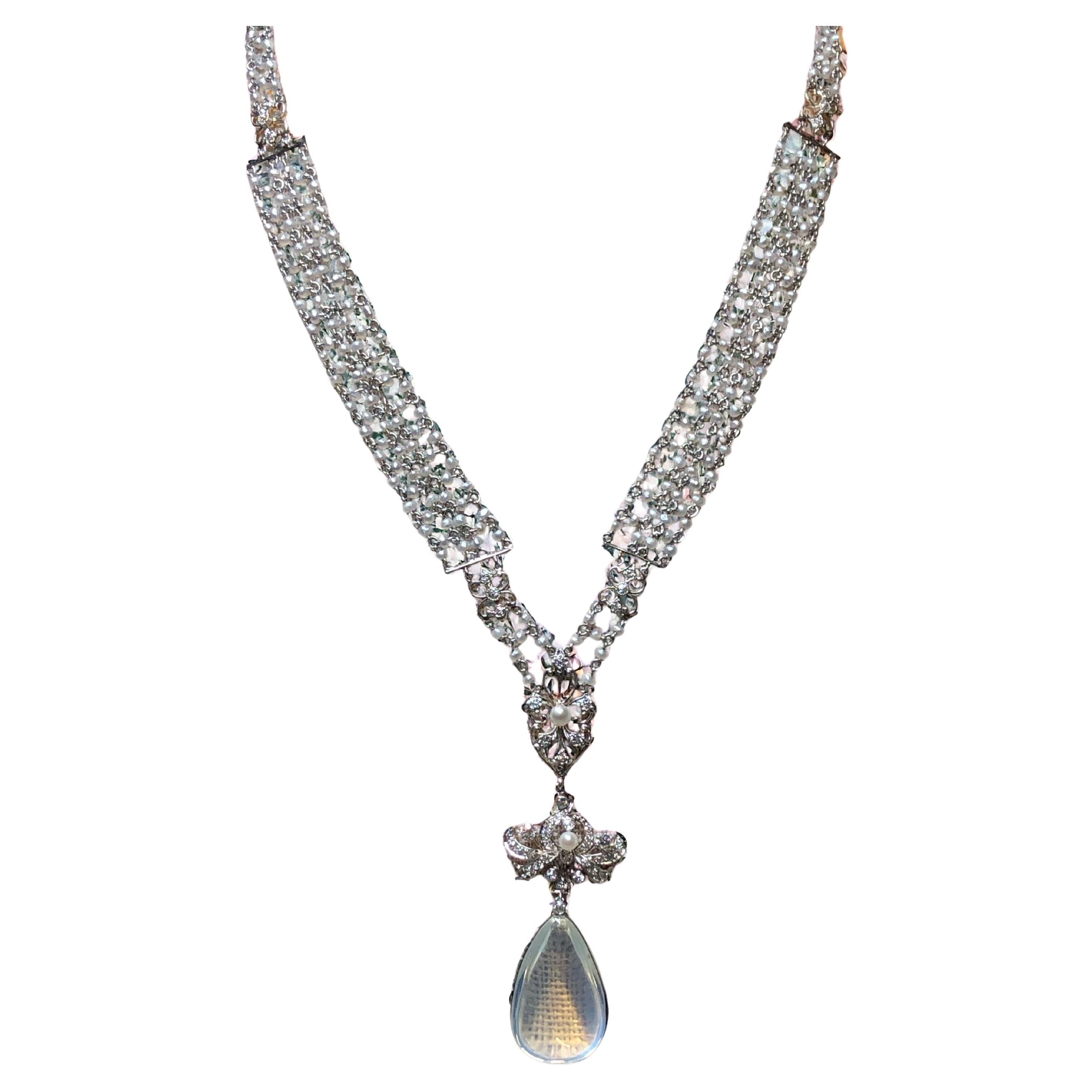Antique Edwardian Platinum Diamond Moonstone Seed Pearl Sautoir Necklace 16.5” For Sale