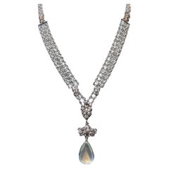 Antique Edwardian Platinum Diamond Moonstone Seed Pearl Sautoir Necklace 16.5”