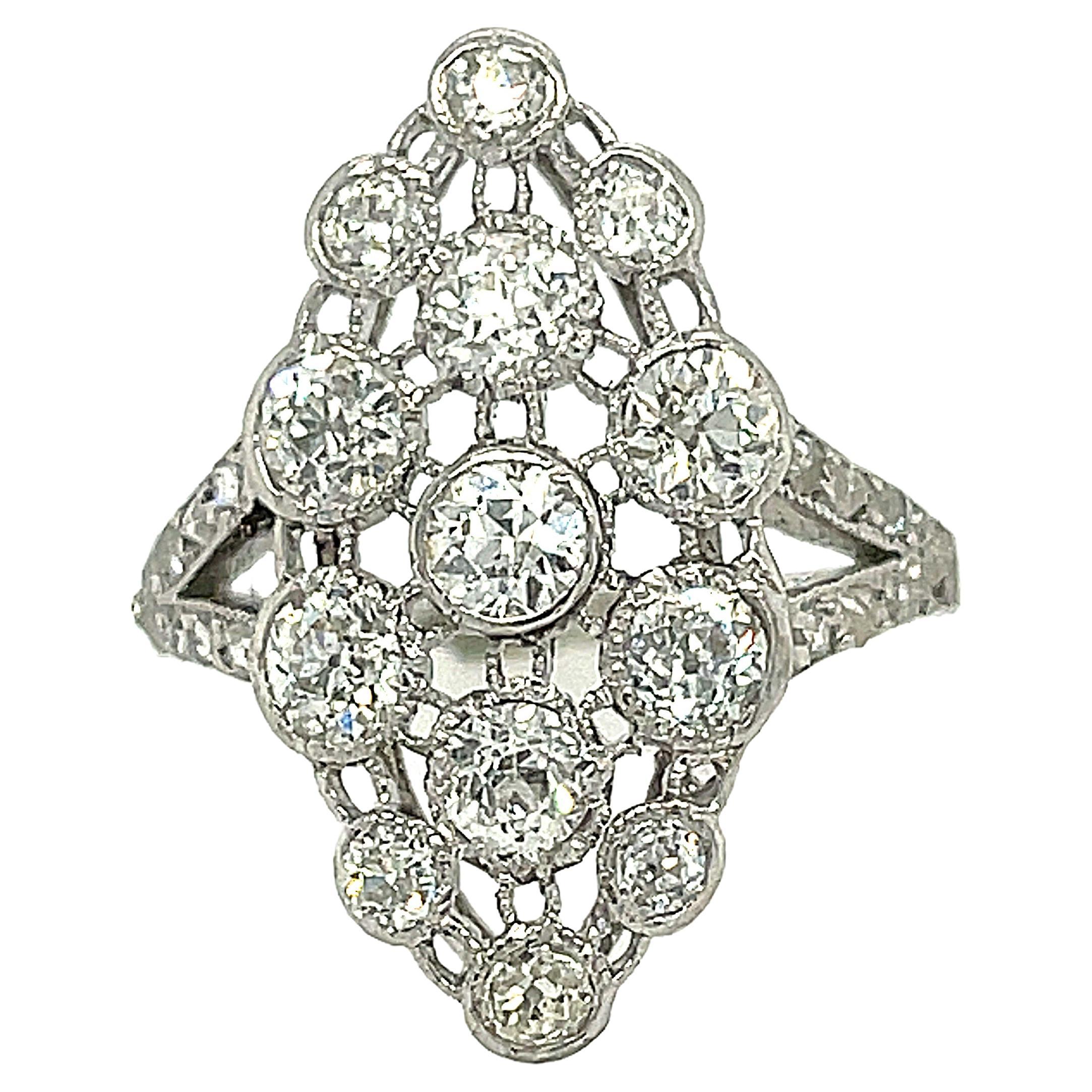 Antique Edwardian Platinum Diamond Navette Shaped Ring