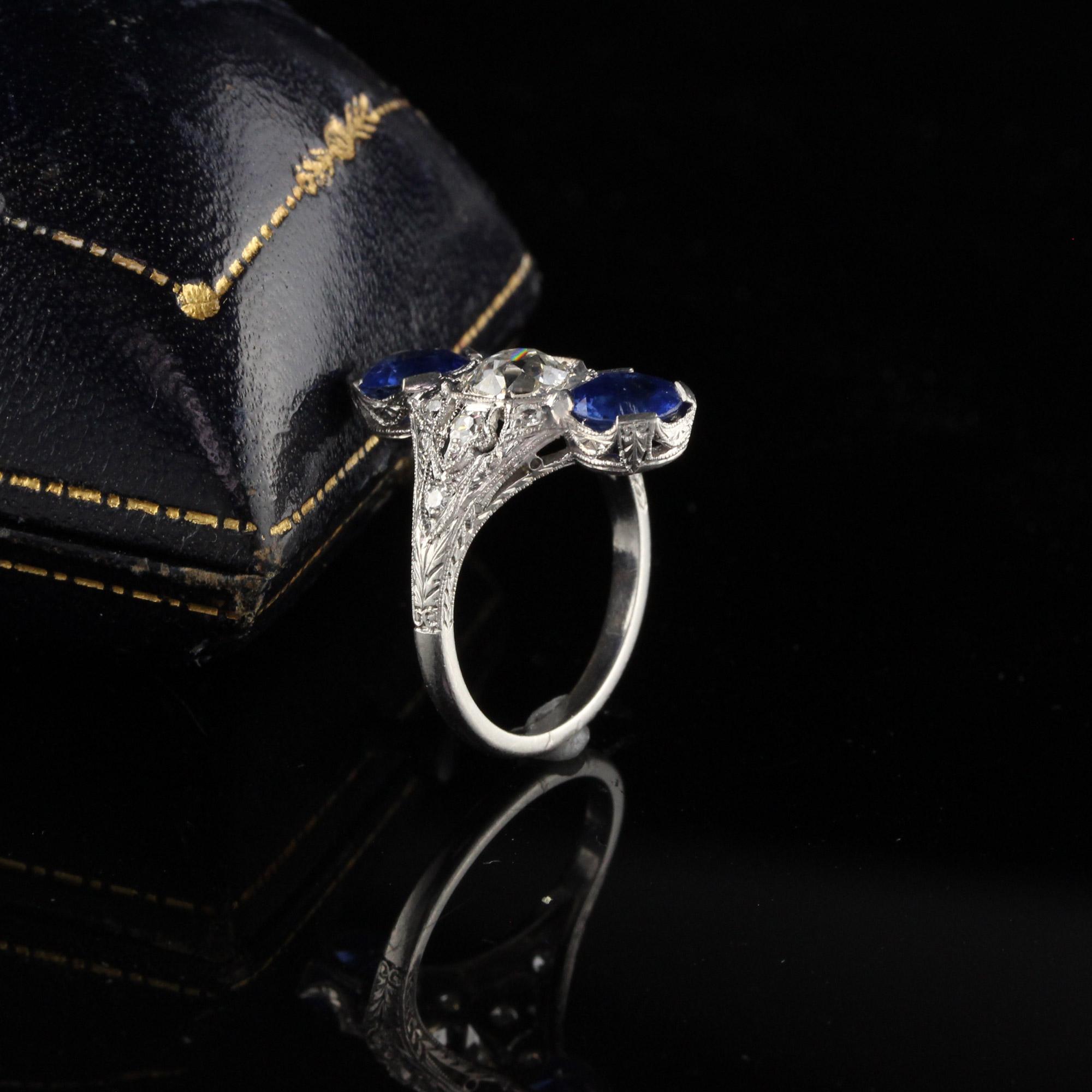 Old European Cut Antique Edwardian Platinum Diamond and Sapphire Shield Ring For Sale