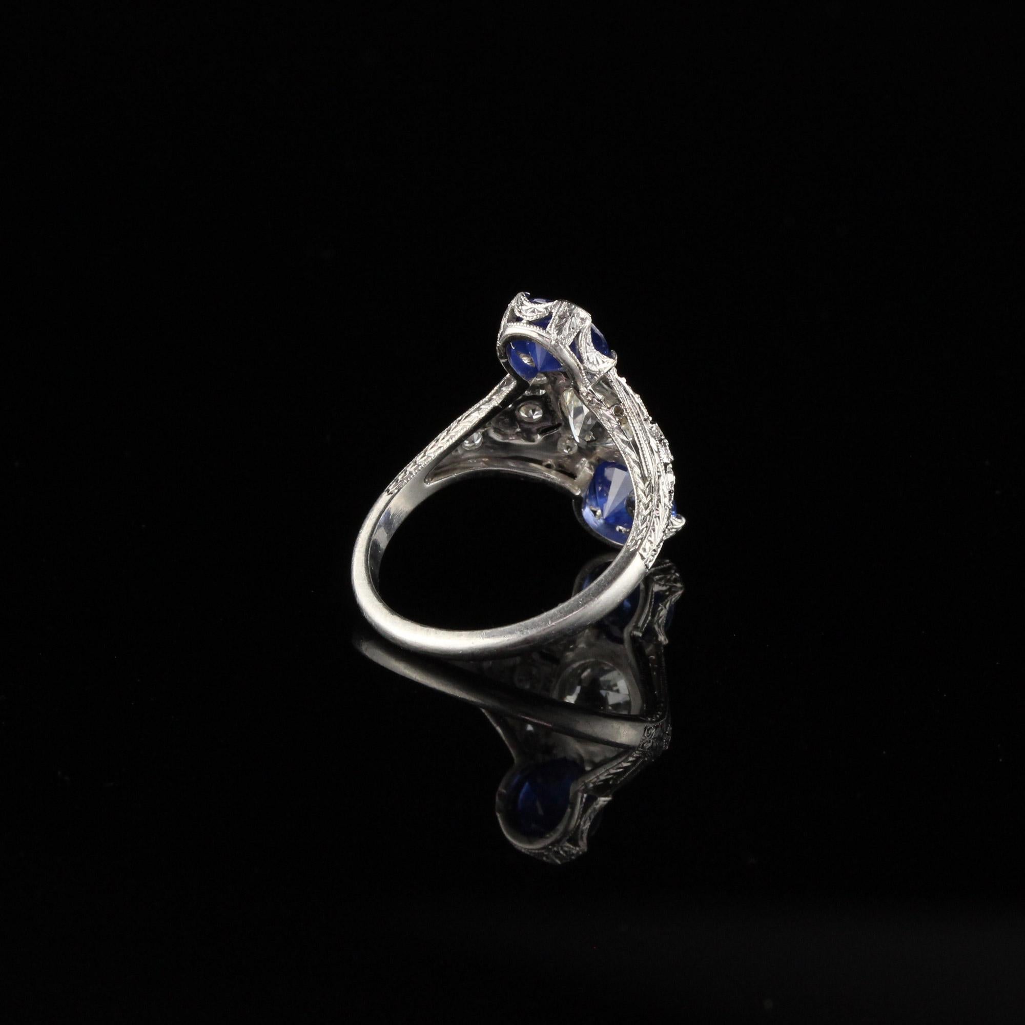 Antique Edwardian Platinum Diamond and Sapphire Shield Ring In Good Condition For Sale In Great Neck, NY