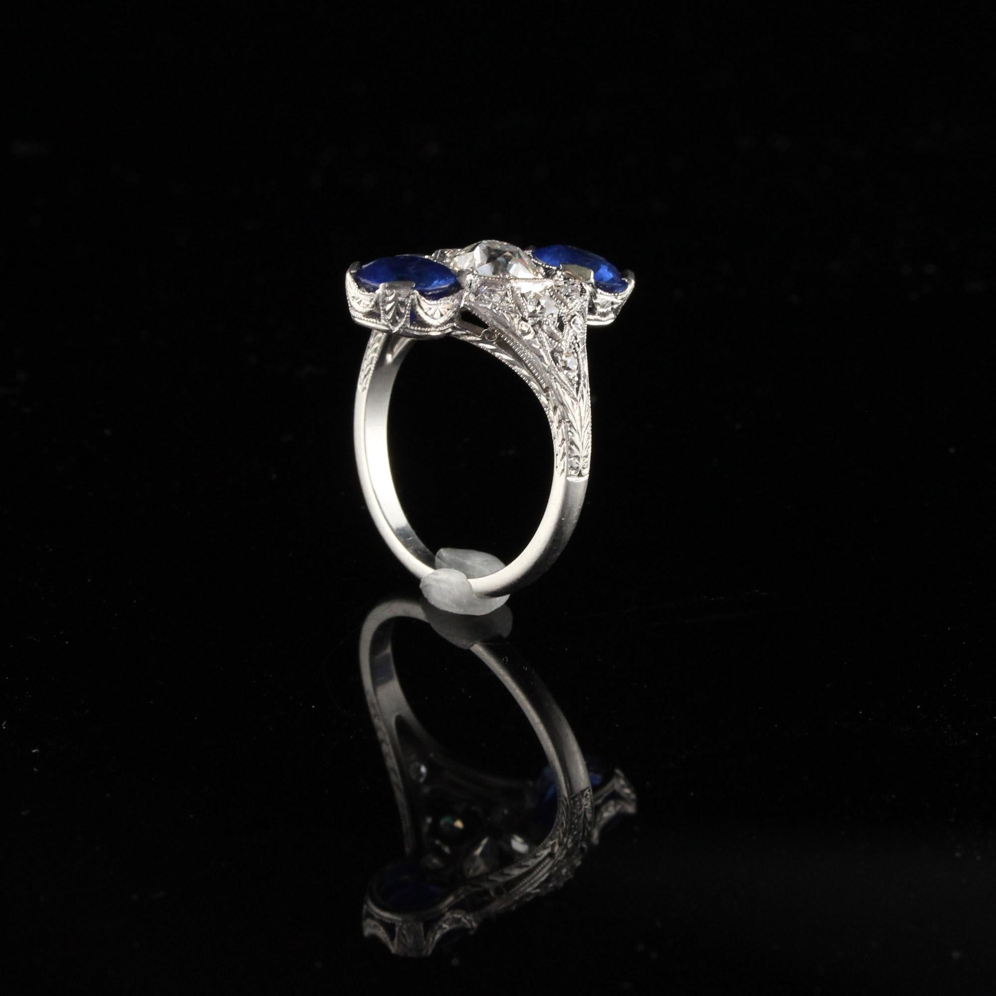 Antique Edwardian Platinum Diamond and Sapphire Shield Ring For Sale 1