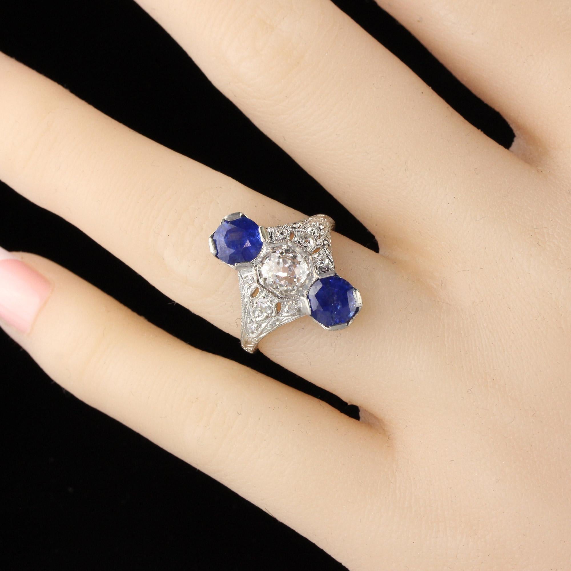 Antique Edwardian Platinum Diamond and Sapphire Shield Ring For Sale 2