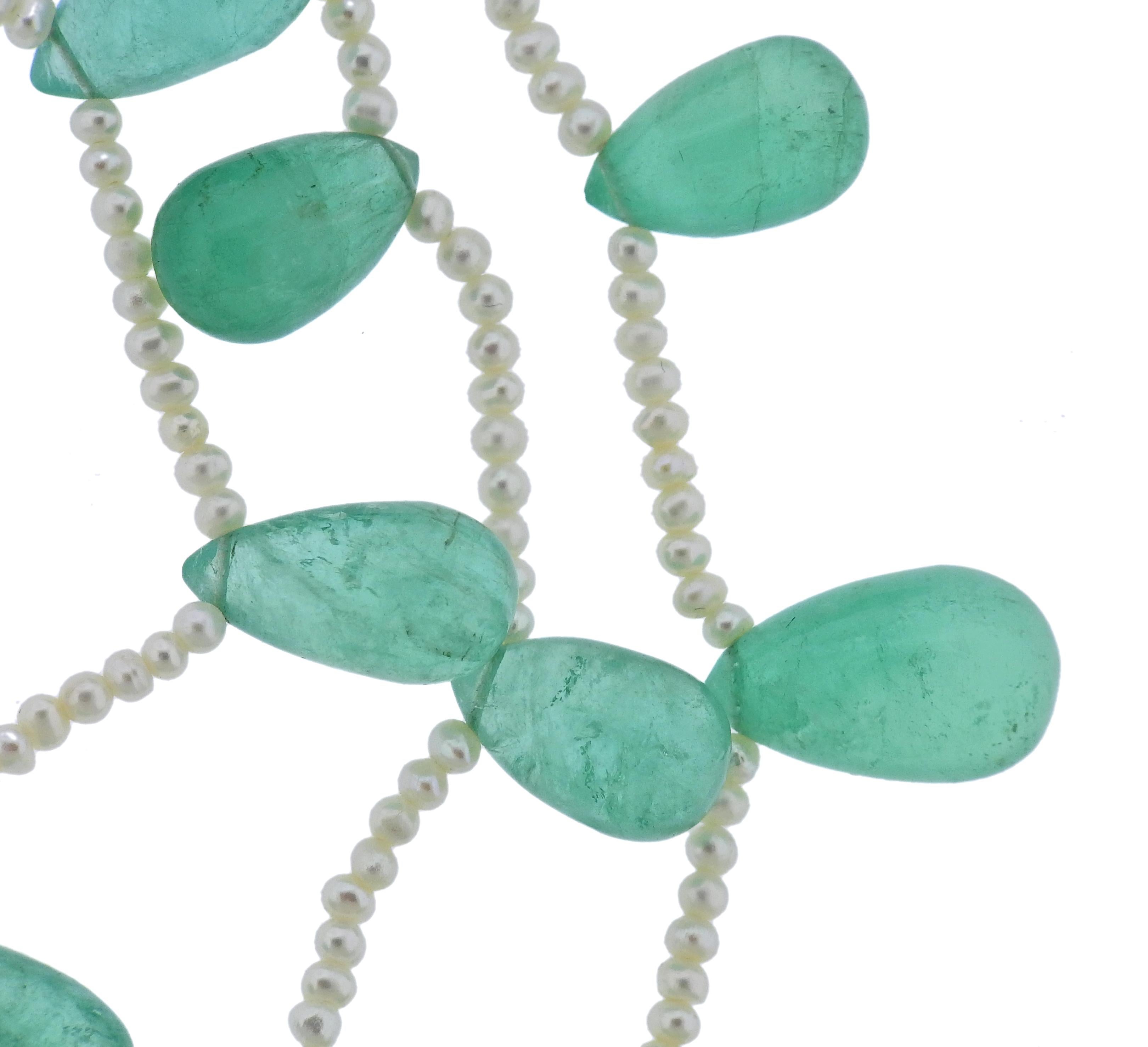 Pear Cut Antique Edwardian Platinum Emerald Diamond Pearl Necklace For Sale