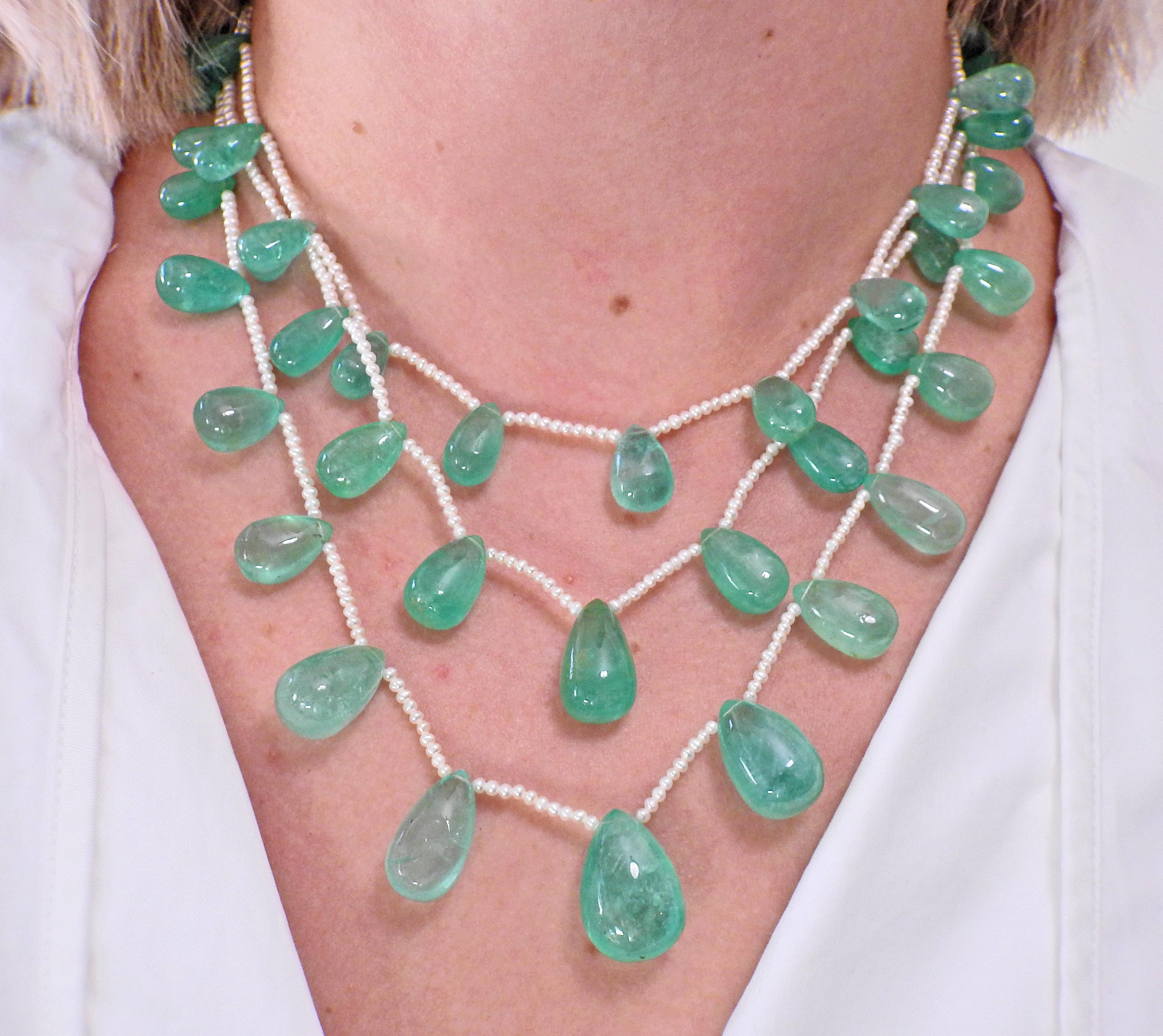 Antike edwardianische Platin-Smaragd-Diamant-Perlenkette (Tropfenschliff) im Angebot