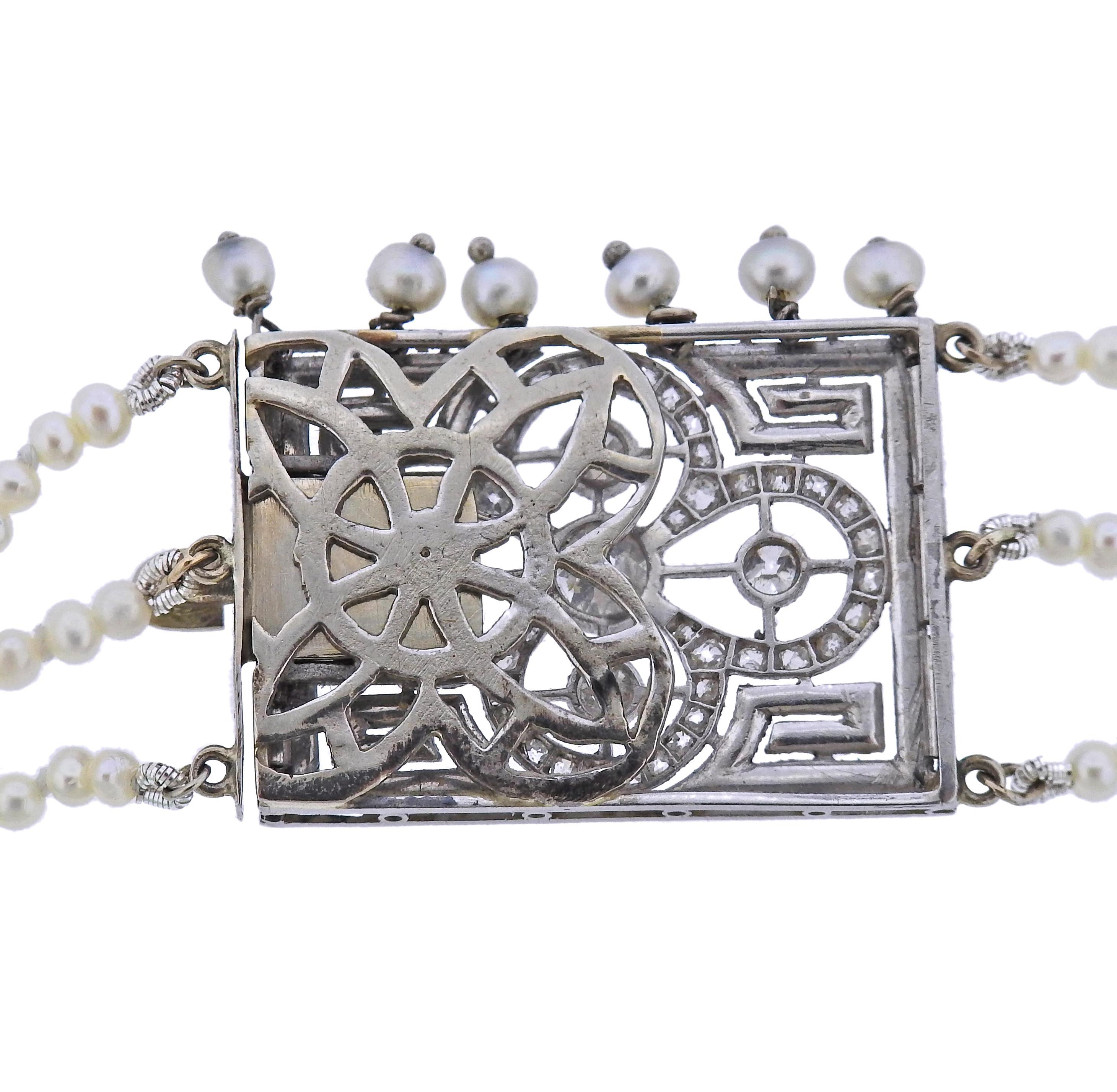 Women's Antique Edwardian Platinum Emerald Diamond Pearl Necklace For Sale
