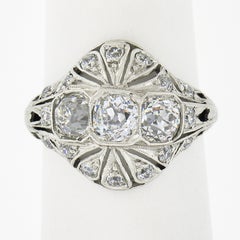 Antique Edwardian Platinum European Diamond Milgrain Engraved Dome Mosaic Ring