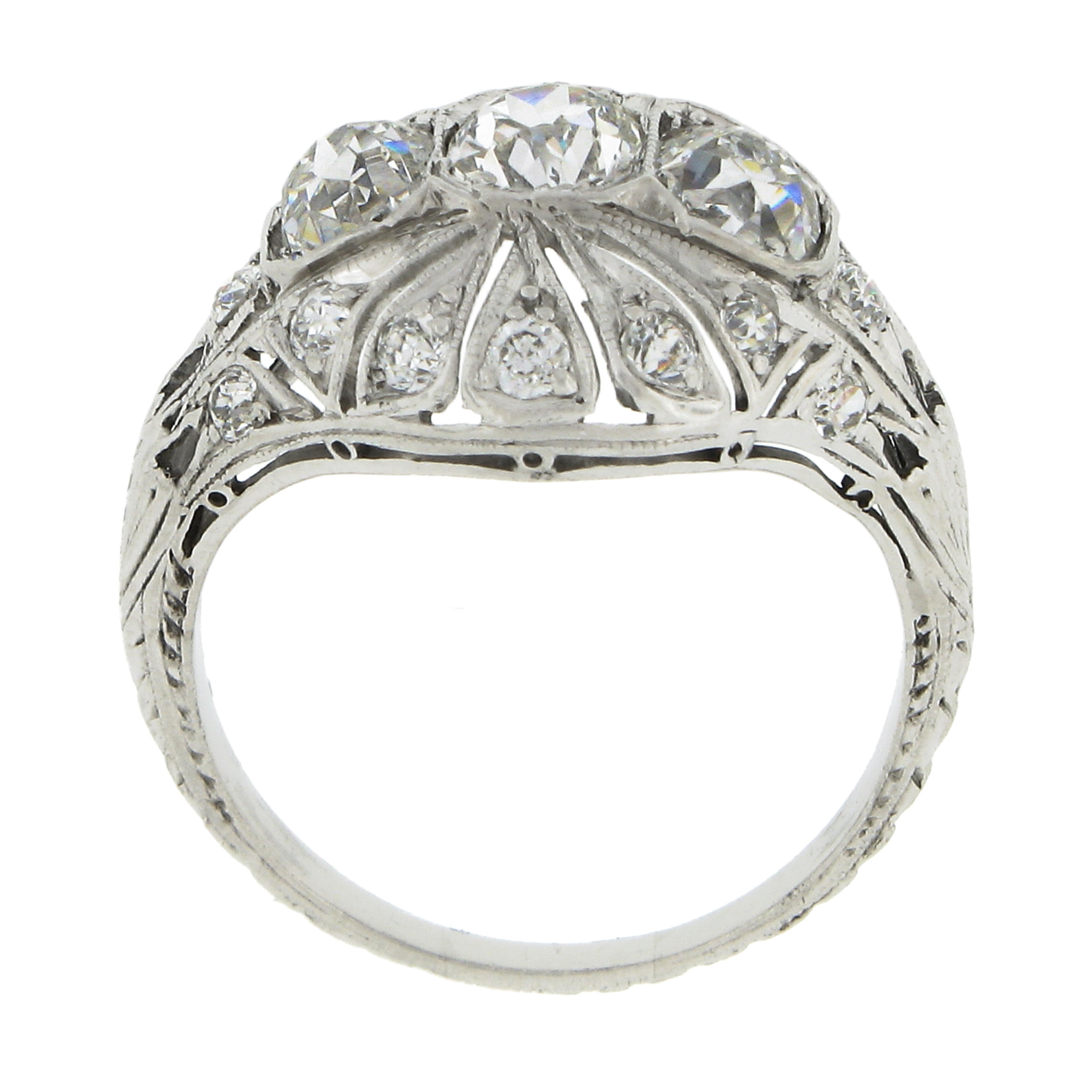 Antique Edwardian Platinum European Diamond Milgrain Engraved Dome Mosaic Ring For Sale 1