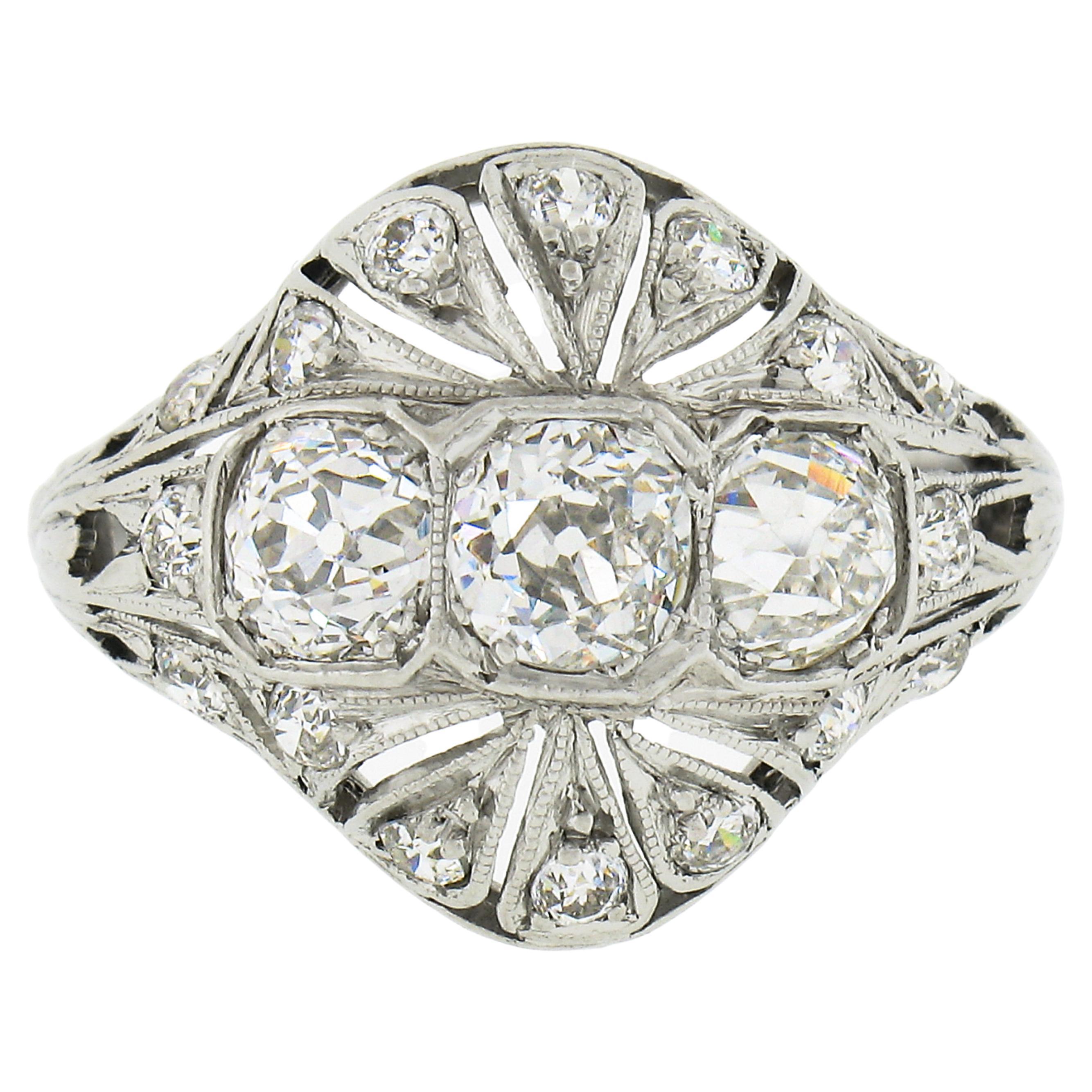 Antique Edwardian Platinum European Diamond Milgrain Engraved Dome Mosaic Ring For Sale