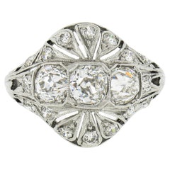 Antique Edwardian Platinum European Diamond Milgrain Engraved Dome Mosaic Ring