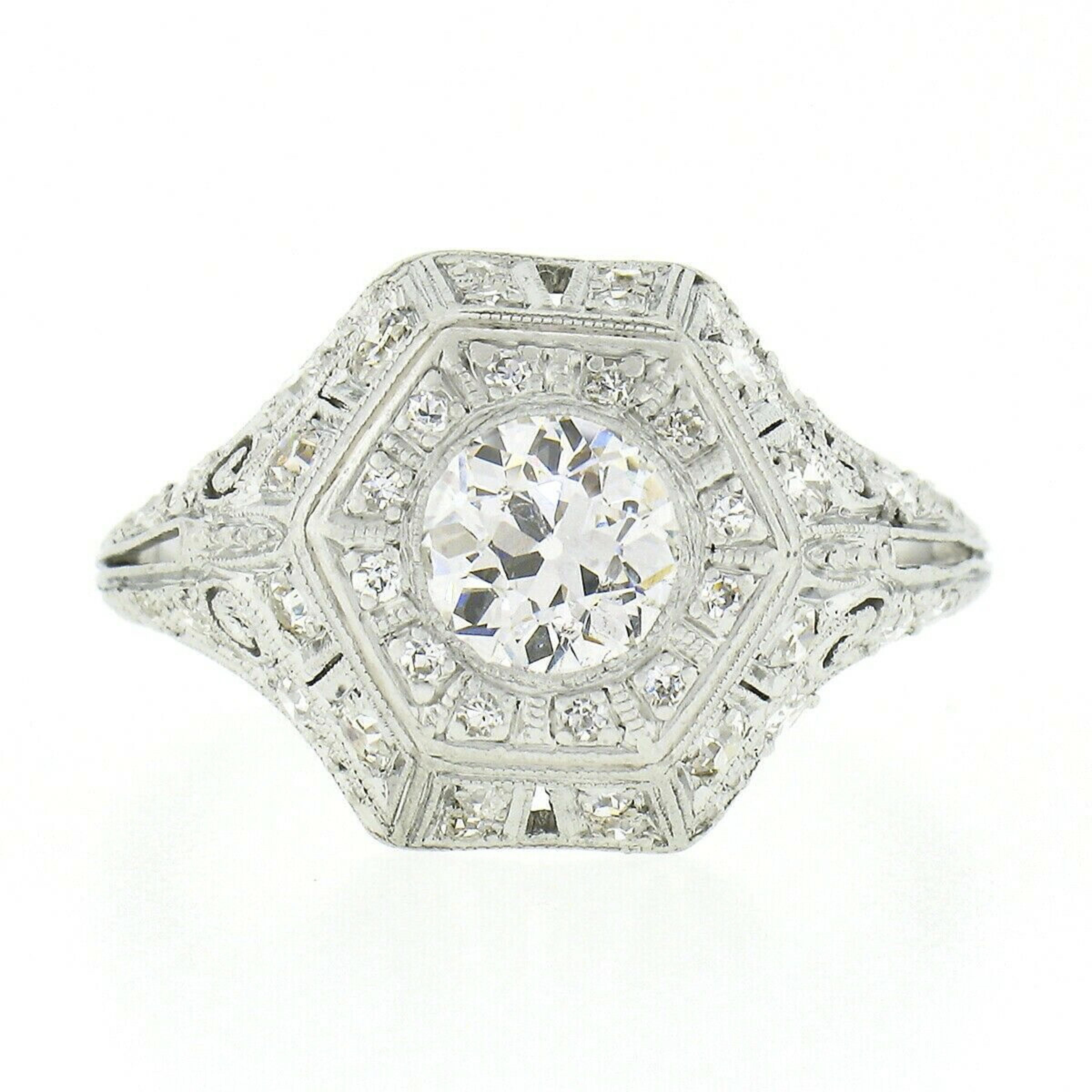 Antique Edwardian Platinum European Diamond Milgrain Engraved Work Hexagon Ring In Good Condition For Sale In Montclair, NJ