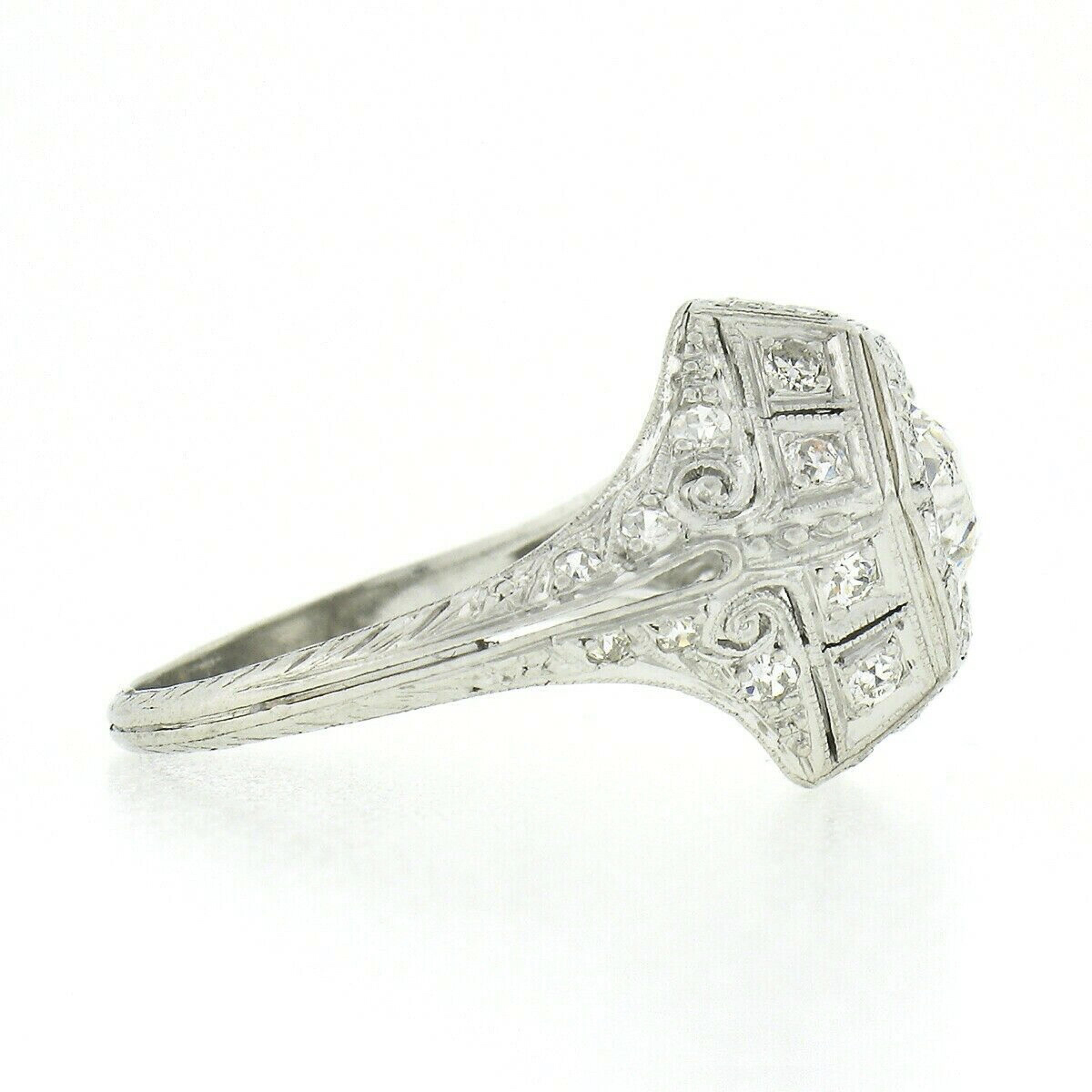 Women's or Men's Antique Edwardian Platinum European Diamond Milgrain Engraved Work Hexagon Ring For Sale