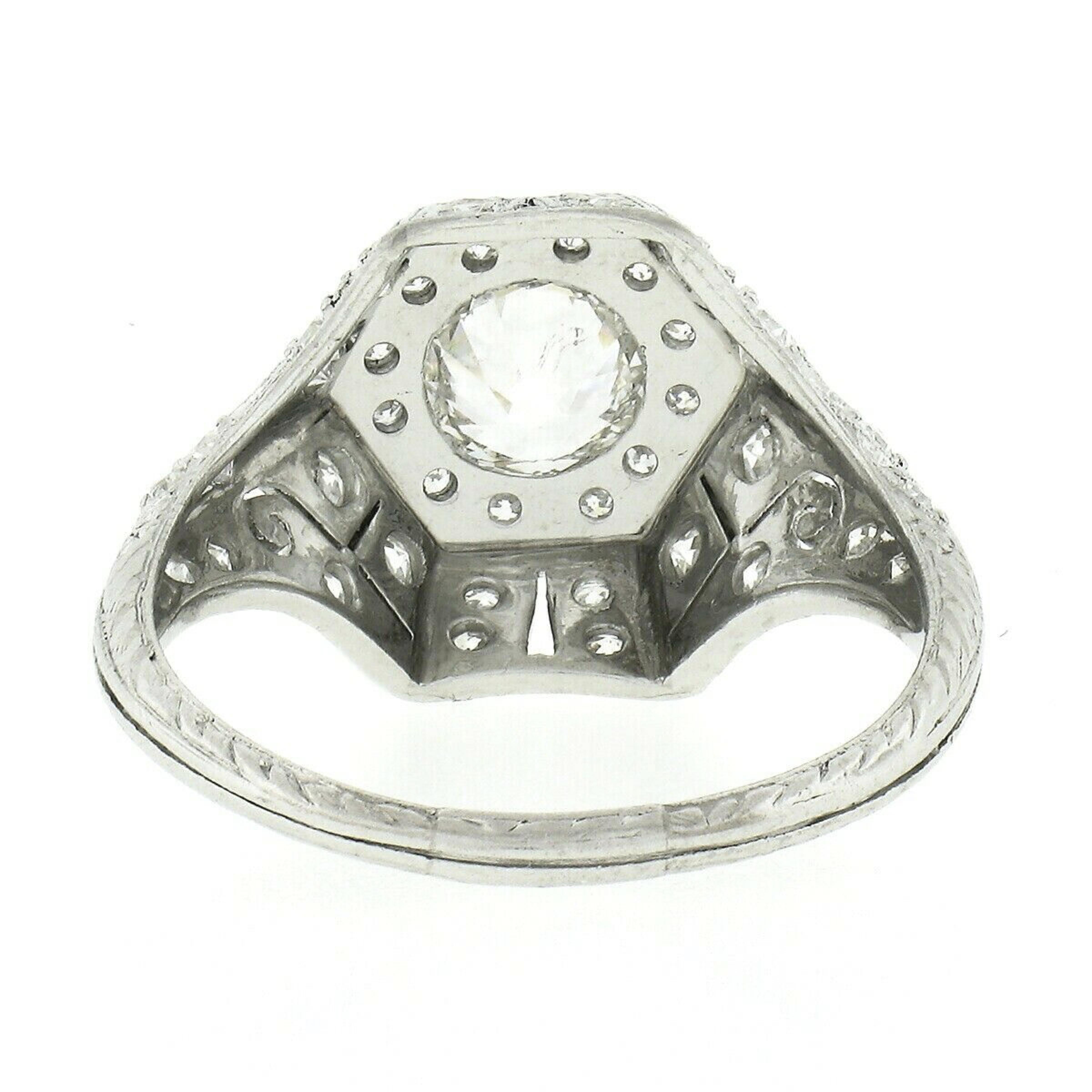 Antique Edwardian Platinum European Diamond Milgrain Engraved Work Hexagon Ring For Sale 2
