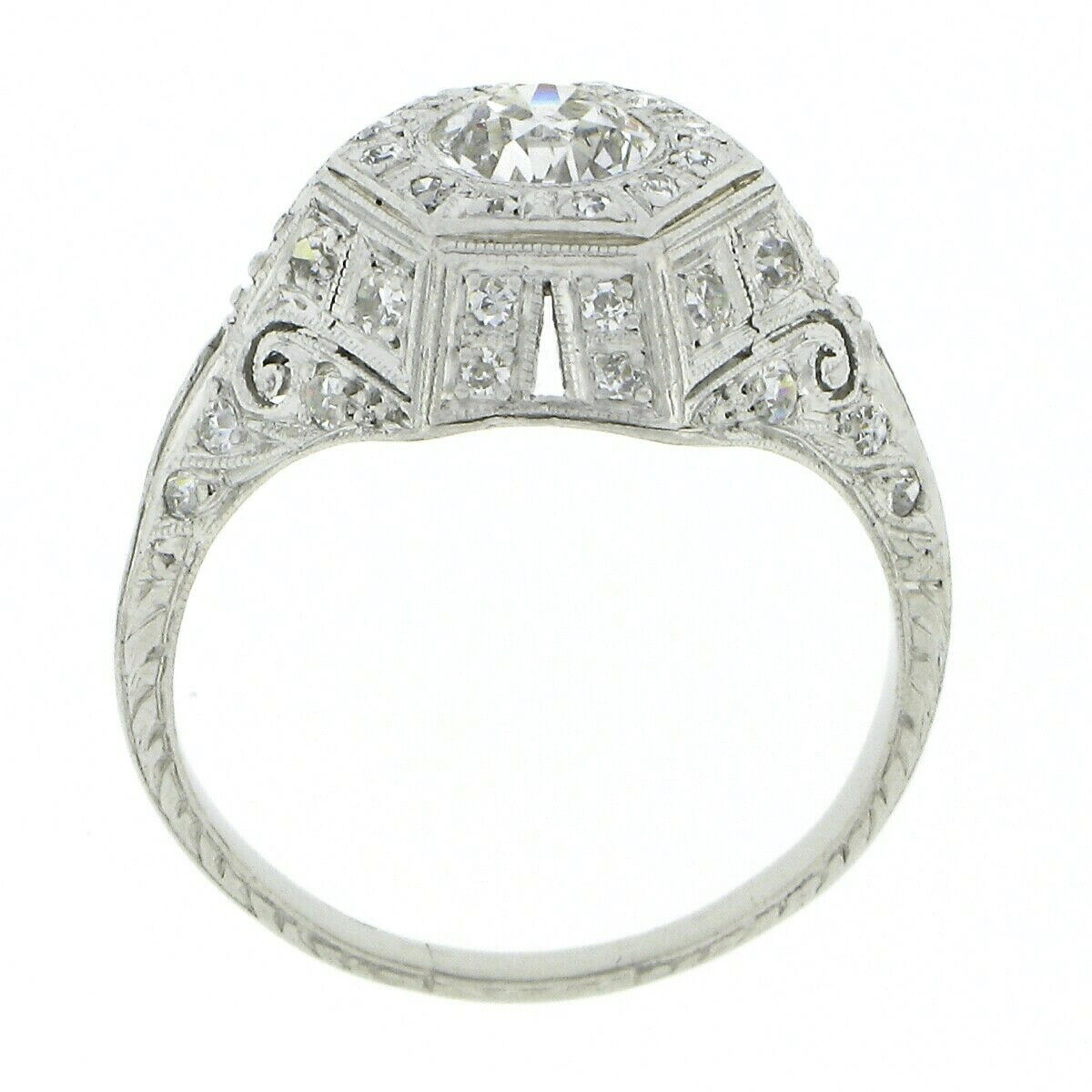 Antique Edwardian Platinum European Diamond Milgrain Engraved Work Hexagon Ring For Sale 3