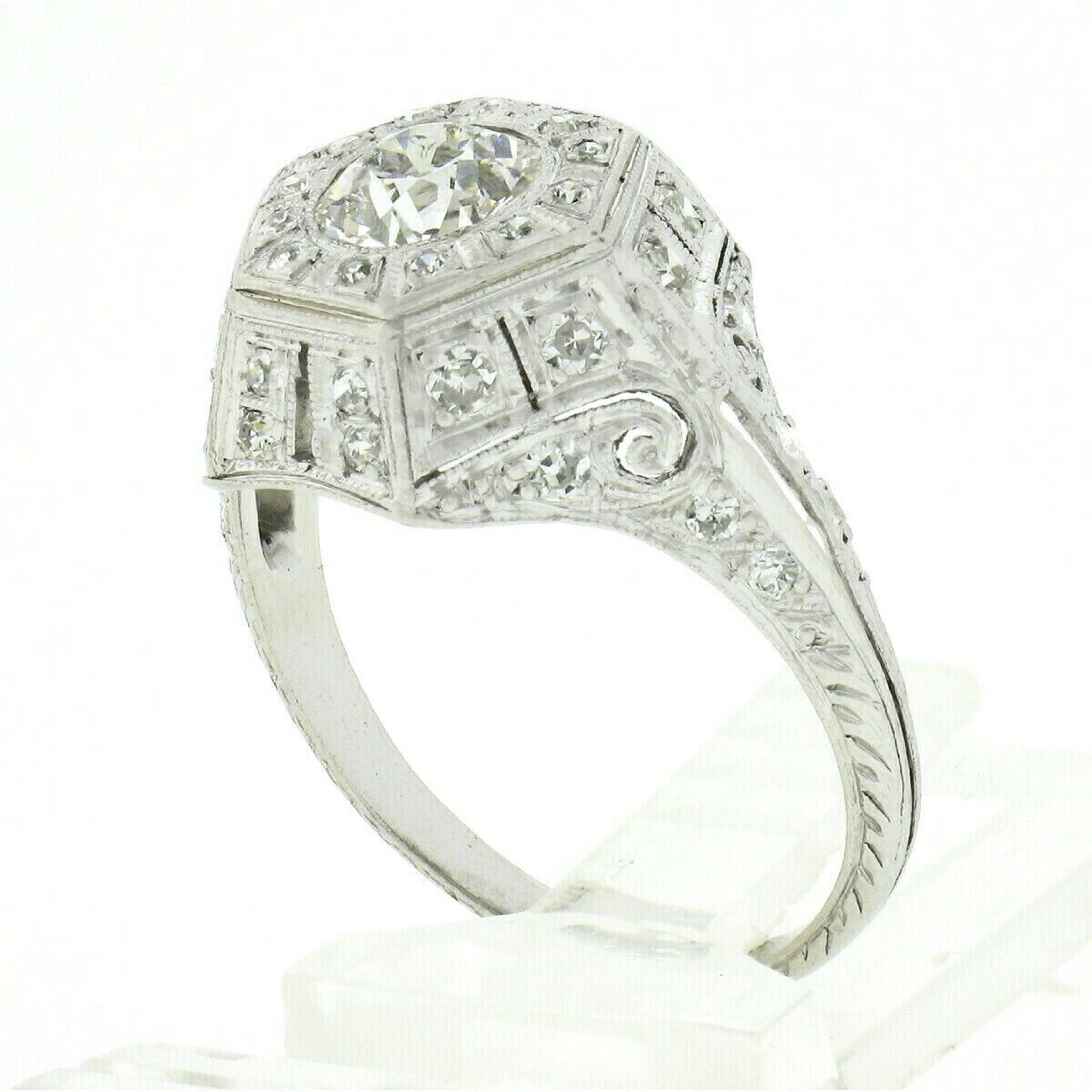 Antique Edwardian Platinum European Diamond Milgrain Engraved Work Hexagon Ring For Sale 4