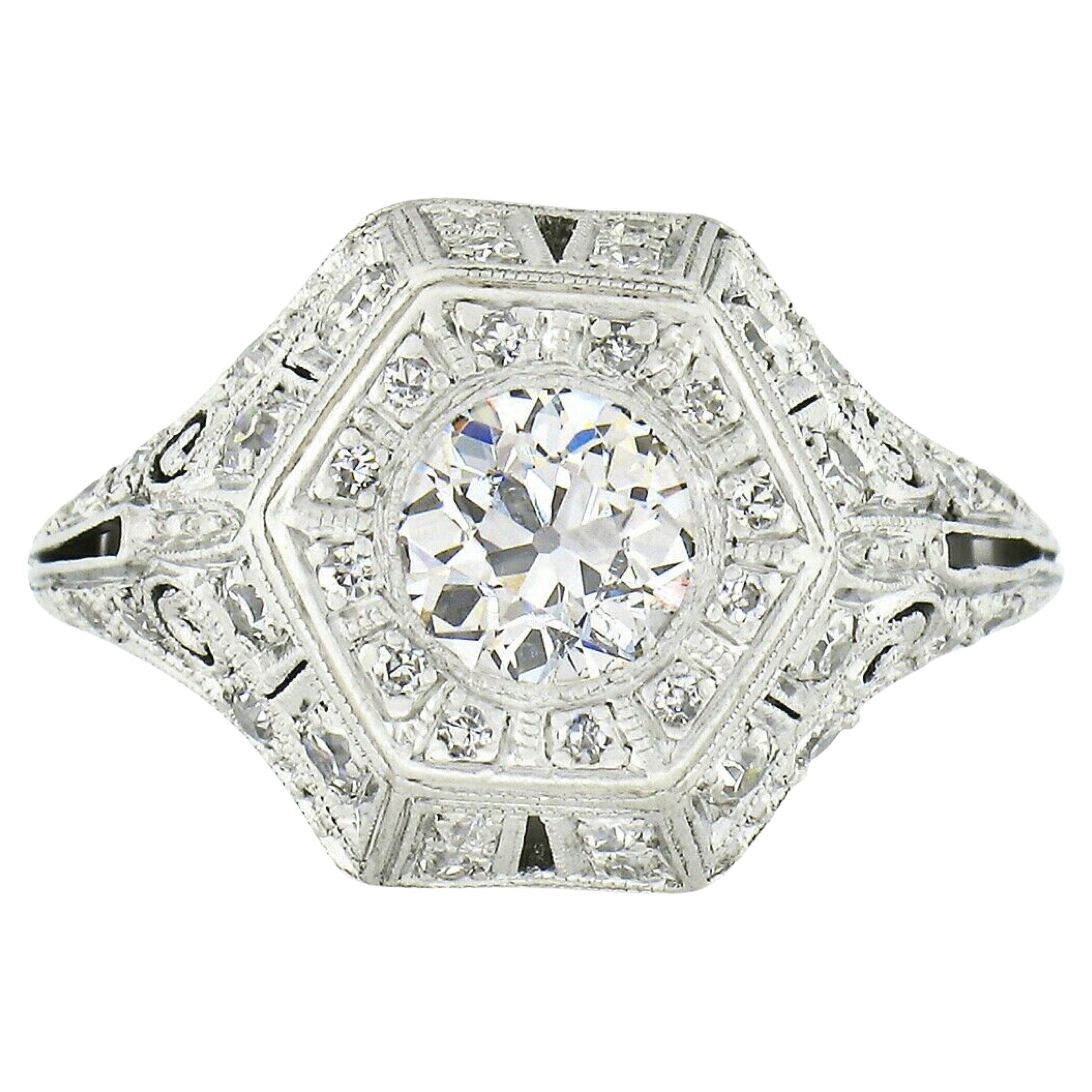 Antique Edwardian Platinum European Diamond Milgrain Engraved Work Hexagon Ring For Sale