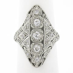 Antique Edwardian Platinum European Diamond Milgrain Filigree Long Dinner Ring