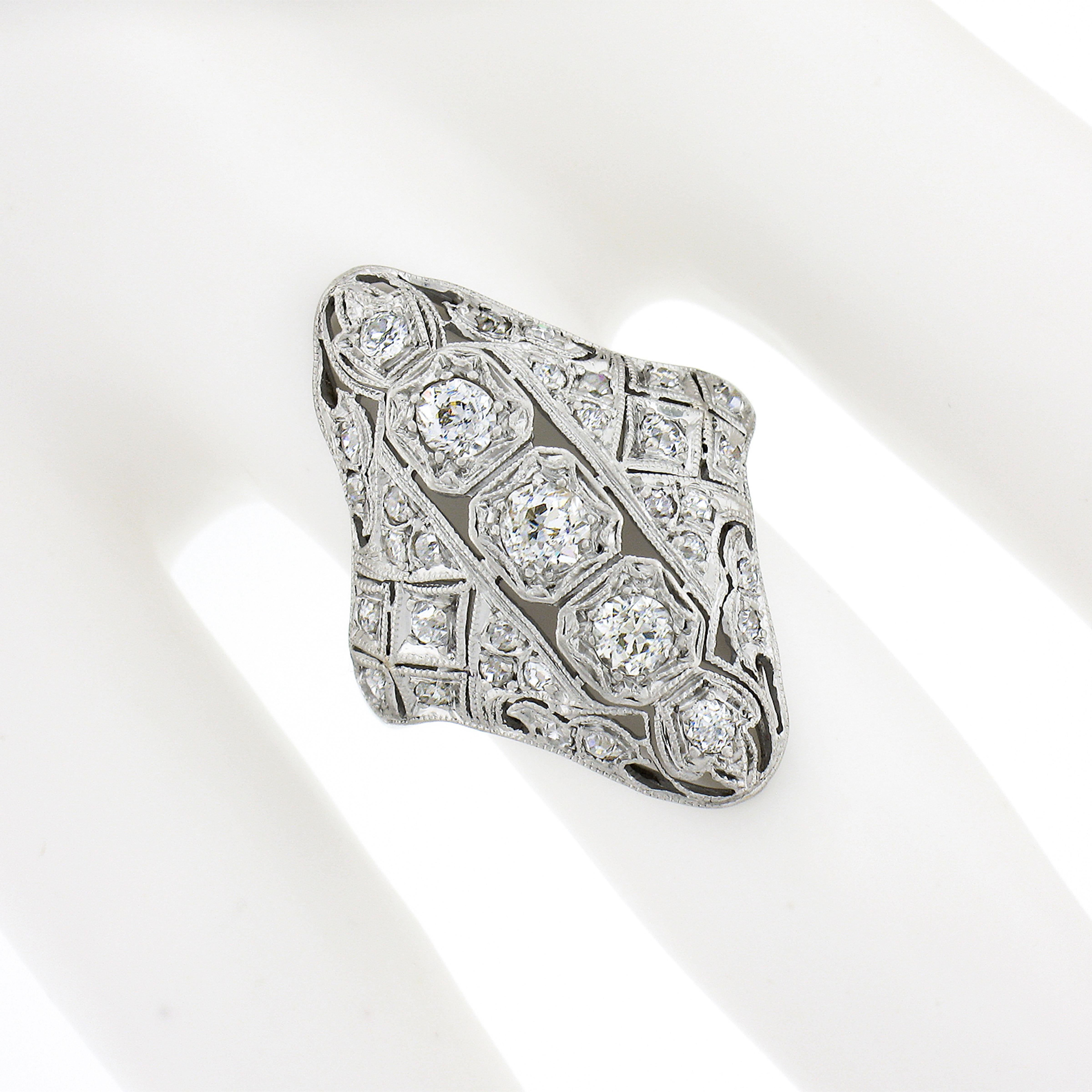Old European Cut Antique Edwardian Platinum European Diamond Milgrain Filigree Long Dinner Ring