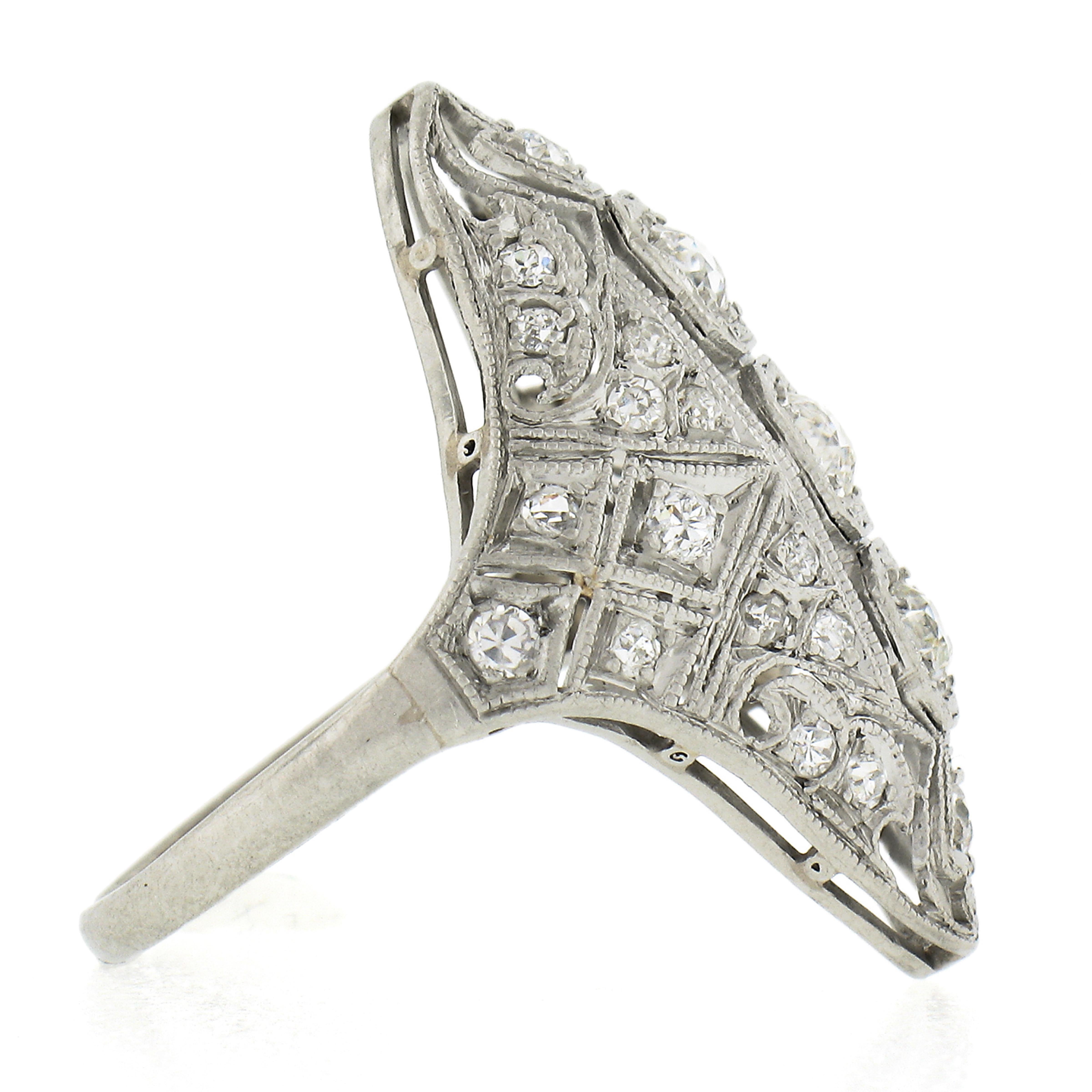 Antique Edwardian Platinum European Diamond Milgrain Filigree Long Dinner Ring In Good Condition In Montclair, NJ