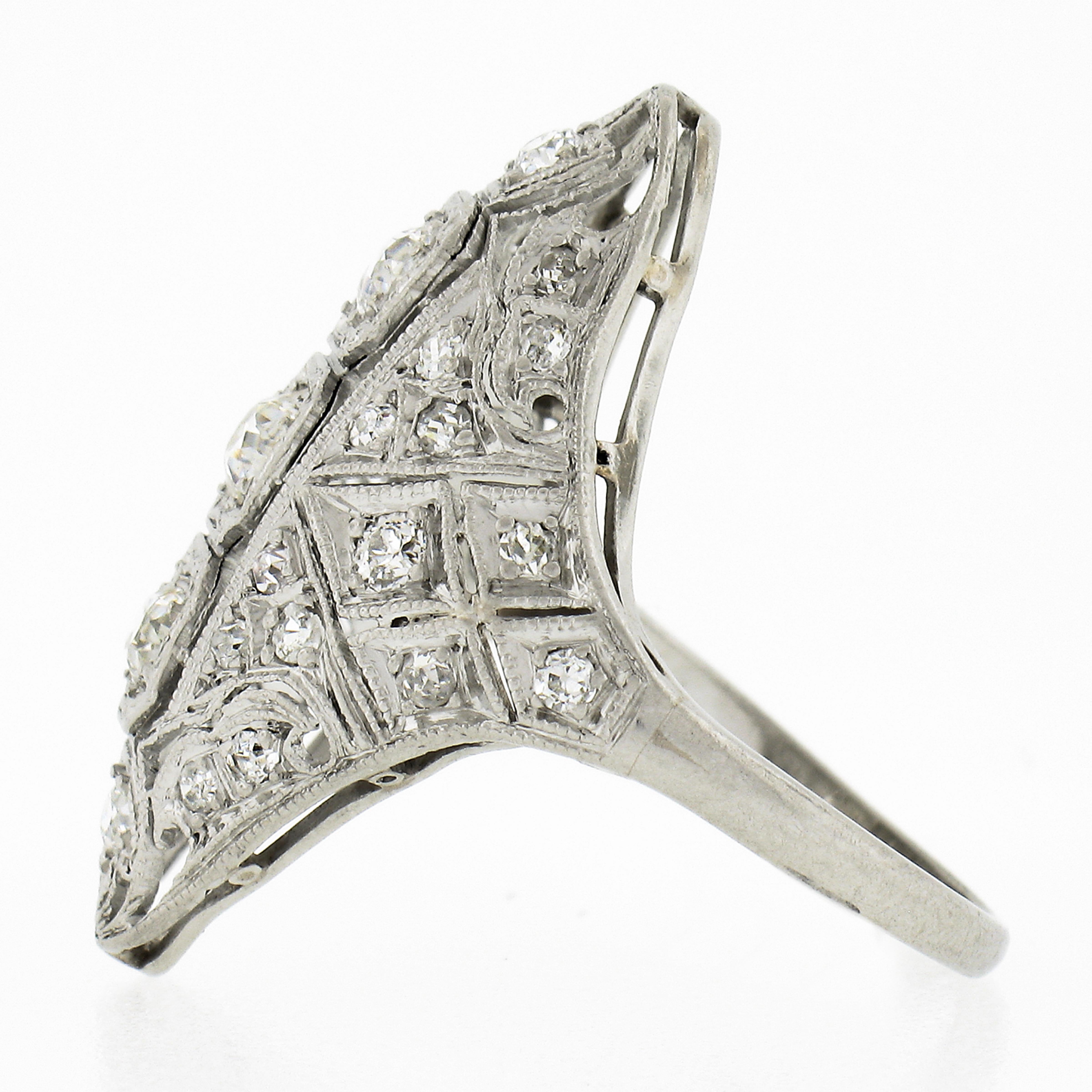 Women's Antique Edwardian Platinum European Diamond Milgrain Filigree Long Dinner Ring