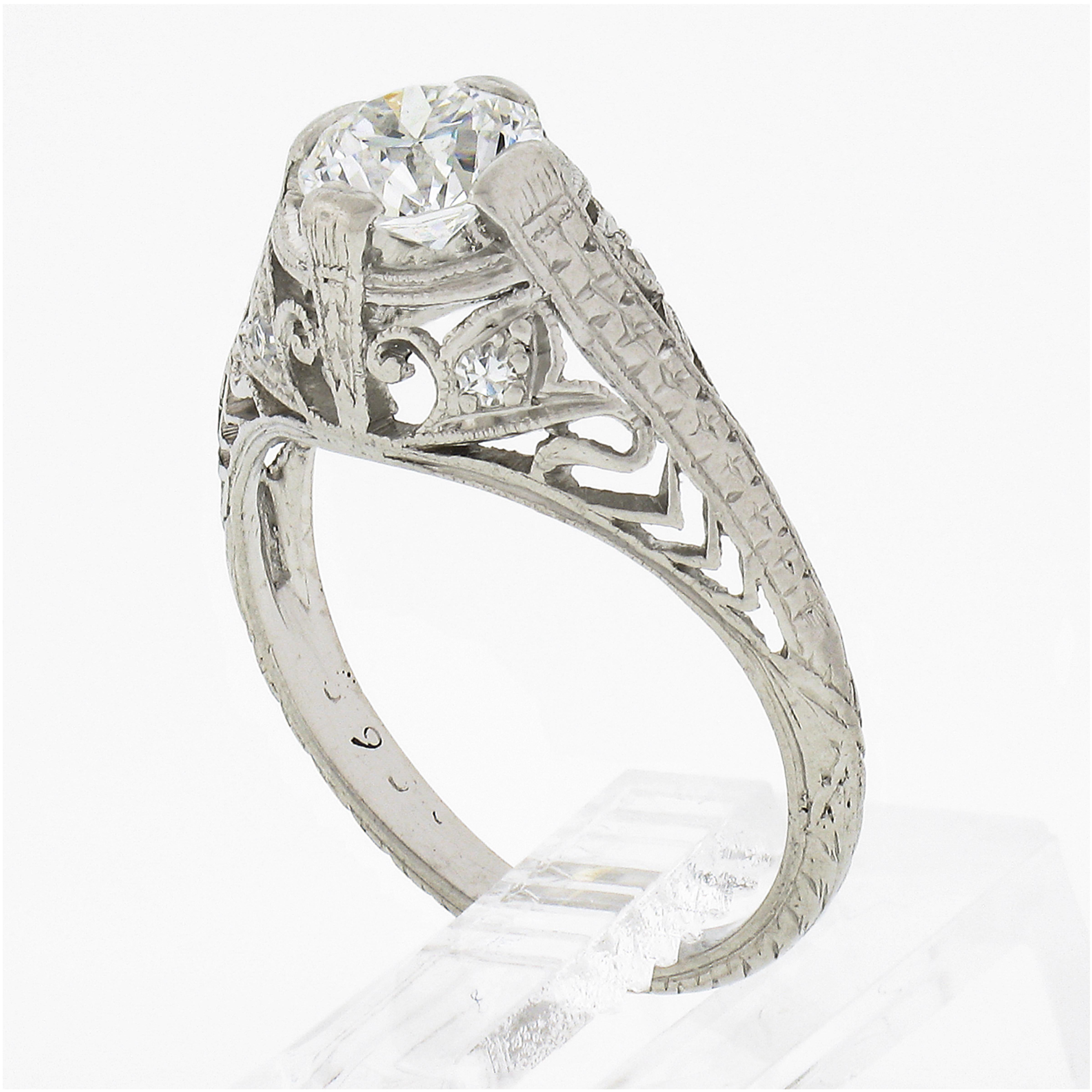 Antique Edwardian Platinum European Diamond Solitaire Filigree Engagement Ring 4