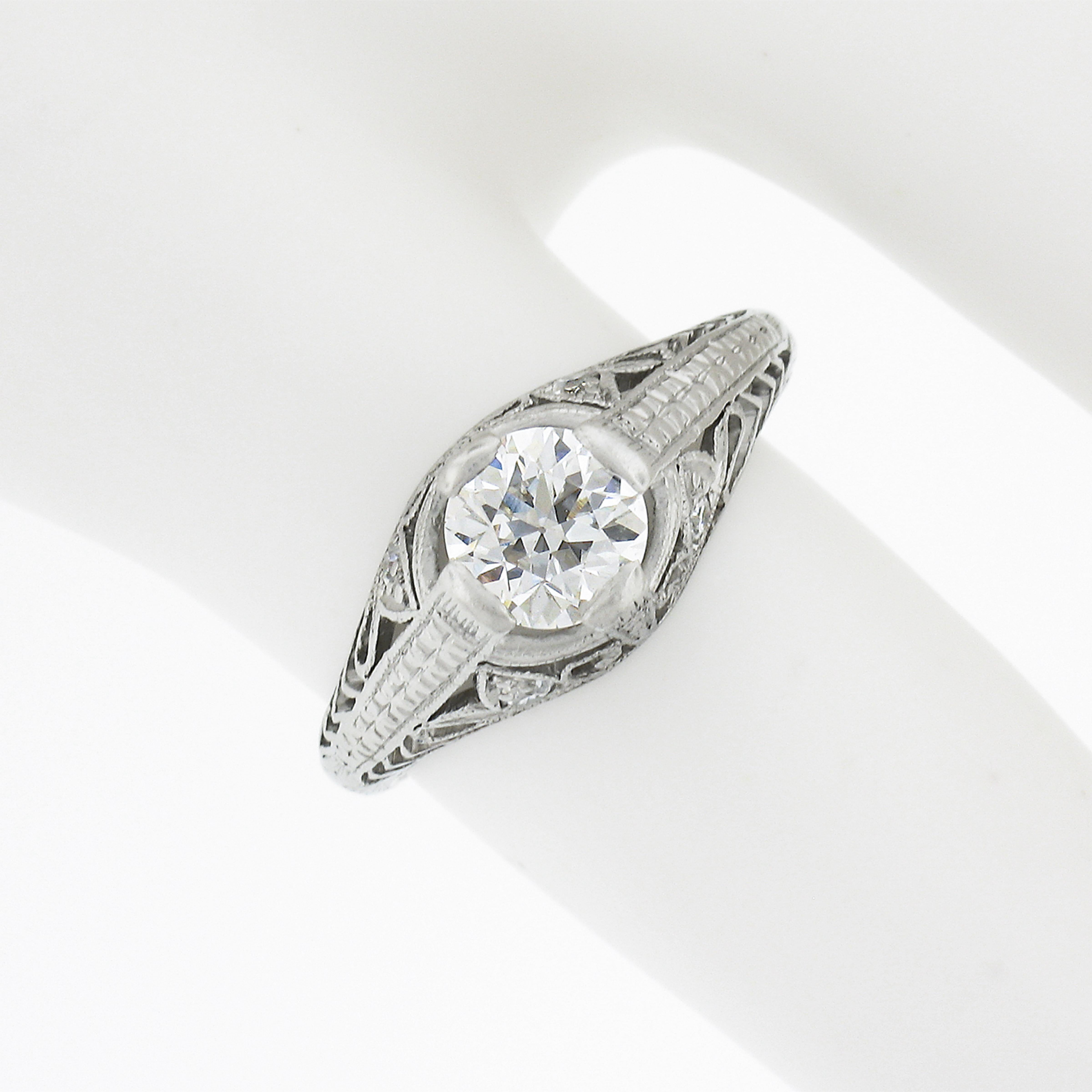 Old European Cut Antique Edwardian Platinum European Diamond Solitaire Filigree Engagement Ring
