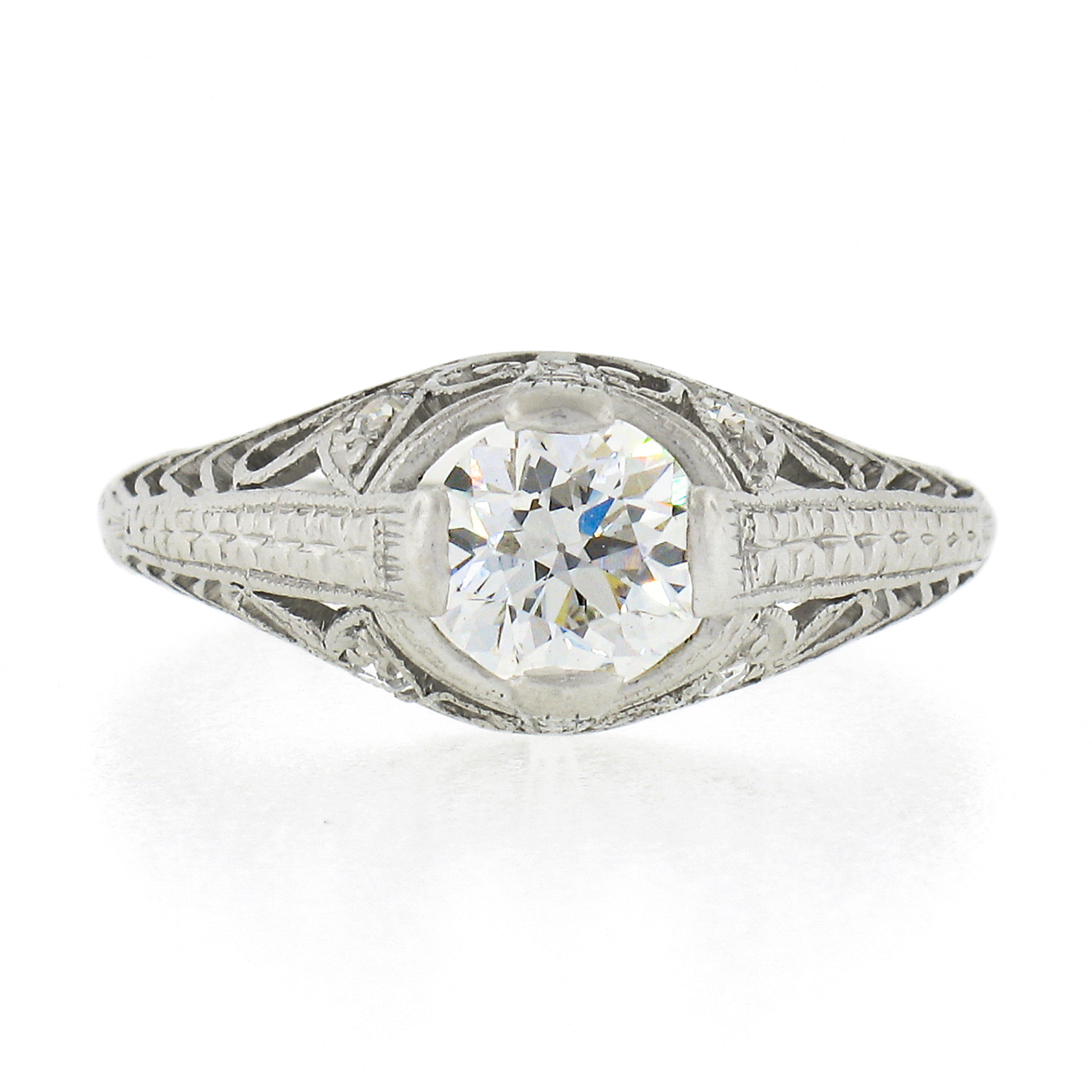 Antique Edwardian Platinum European Diamond Solitaire Filigree Engagement Ring In Excellent Condition In Montclair, NJ