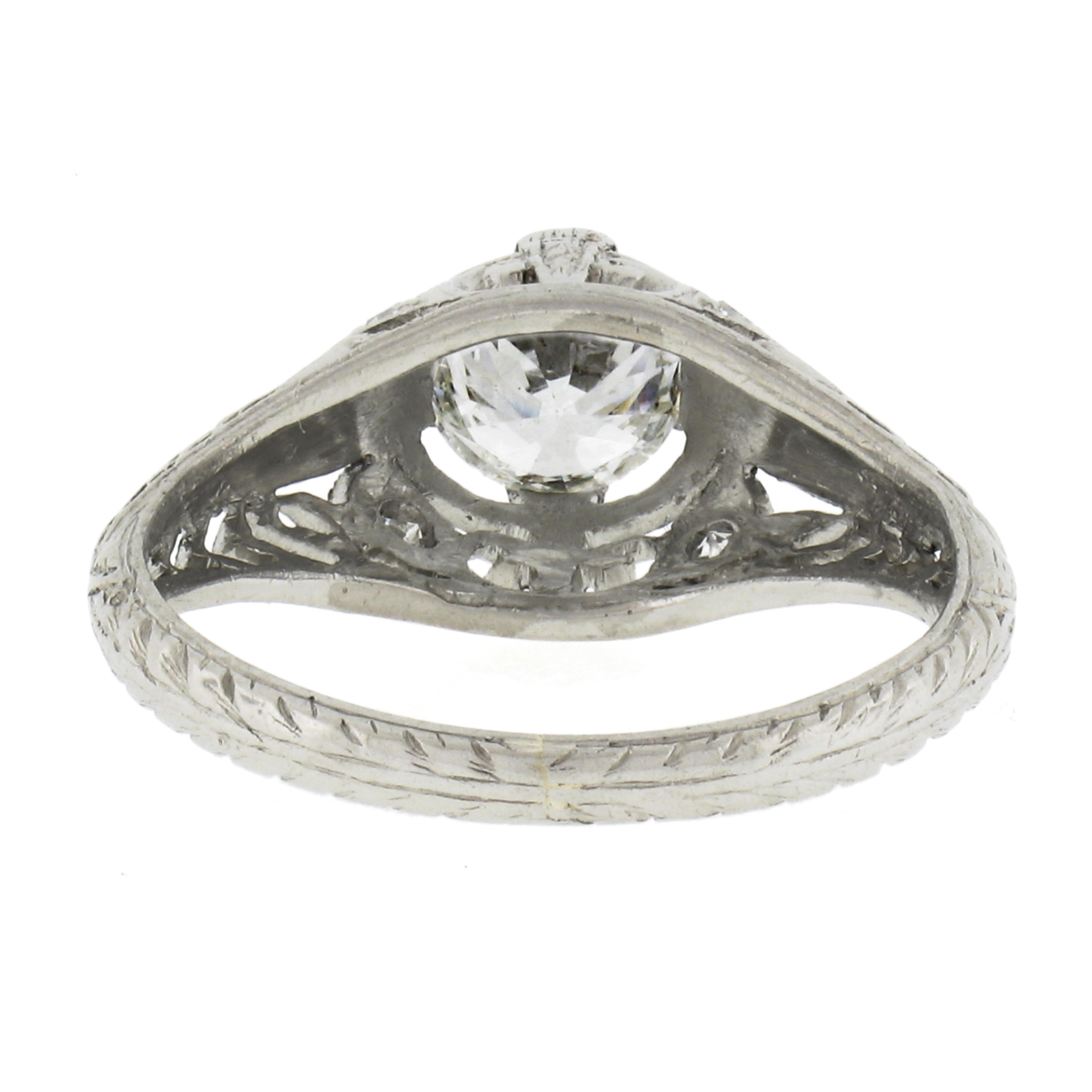 Antique Edwardian Platinum European Diamond Solitaire Filigree Engagement Ring 2