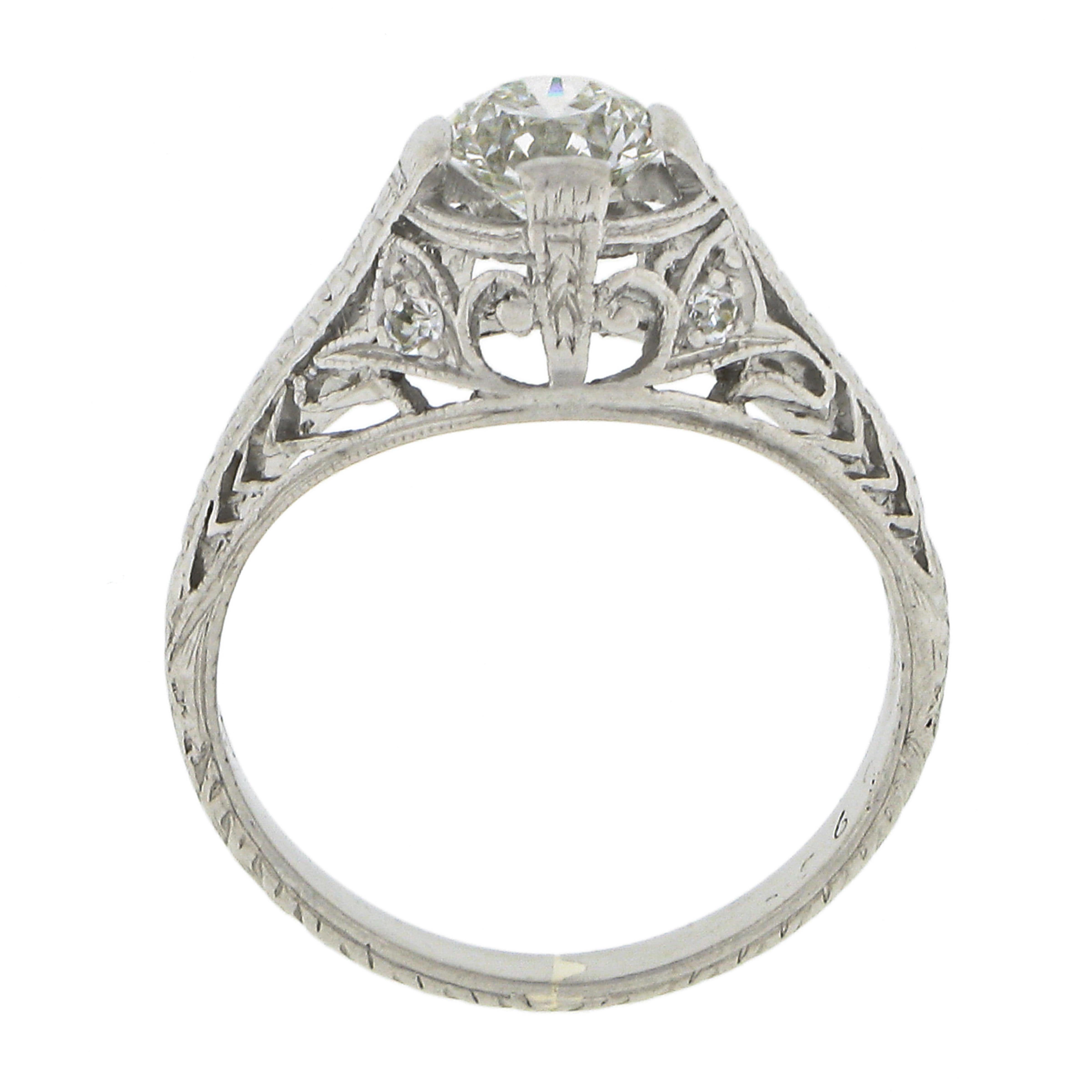Antique Edwardian Platinum European Diamond Solitaire Filigree Engagement Ring 3