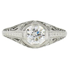 Antique Edwardian Platinum European Diamond Solitaire Filigree Engagement Ring