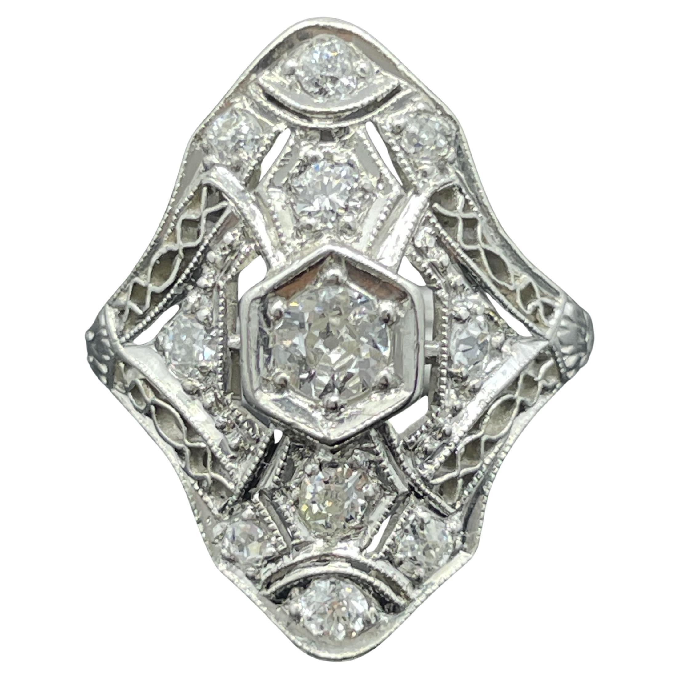 Antique Edwardian Platinum Filigree Diamond Ring For Sale