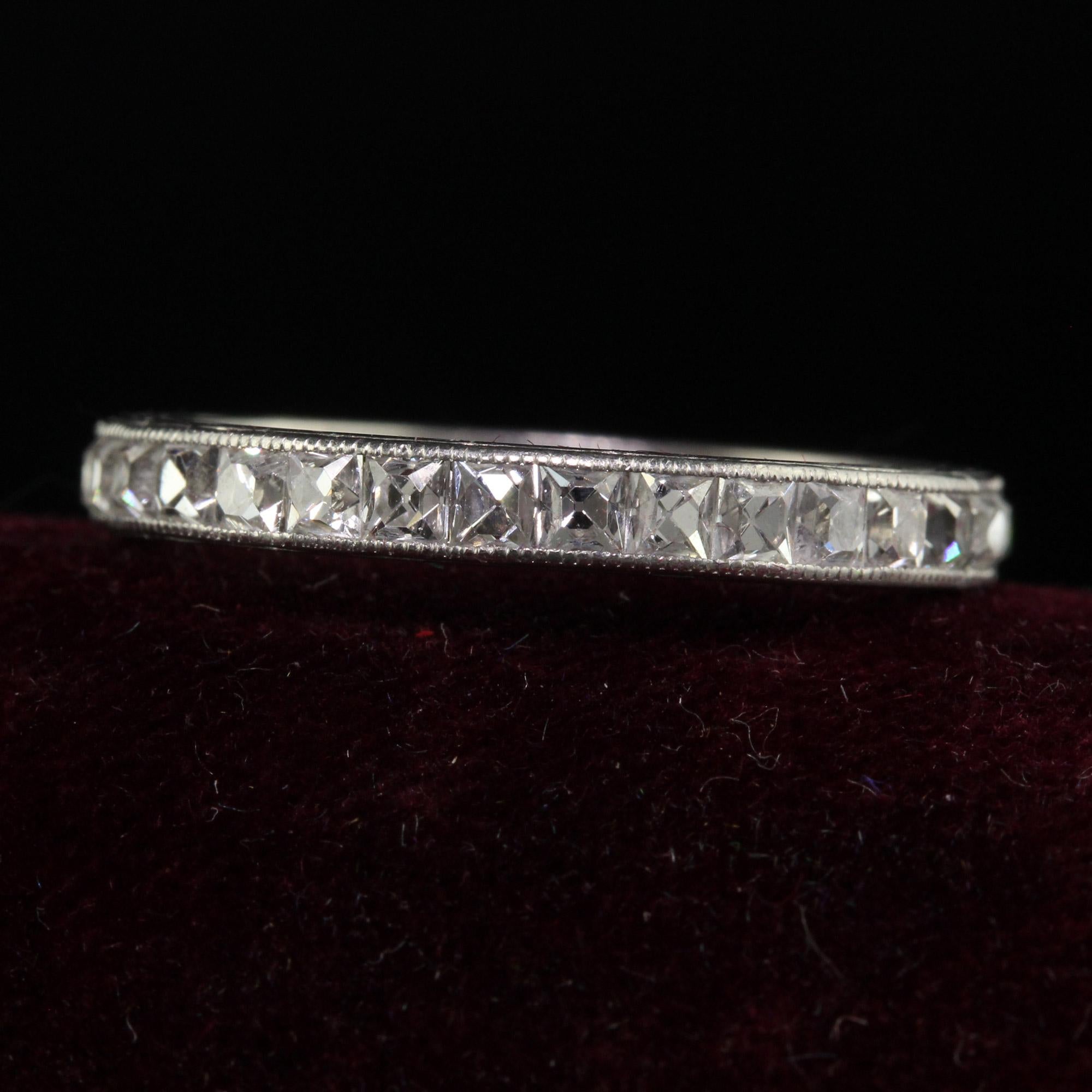 Beautiful Antique Edwardian Platinum French Cut Diamond Engraved Eternity Ring - Size 7. This incredible art deco French cut diamond band is crafted in platinum. The ring has gorgeous chunky French cut diamonds going around the entire ring. The