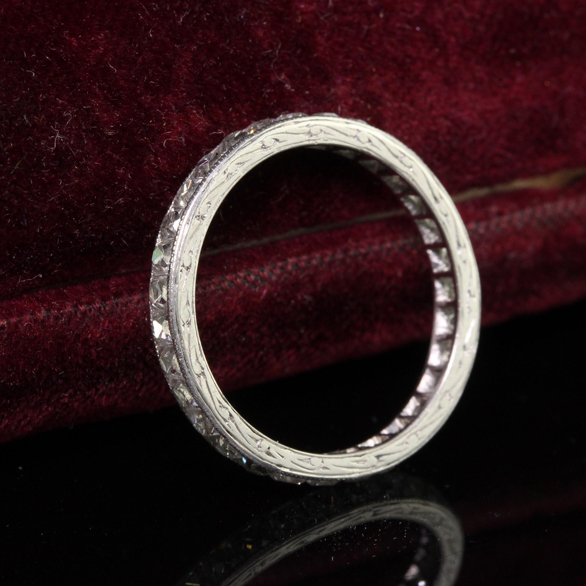 Art Deco Antique Edwardian Platinum French Cut Diamond Engraved Eternity Ring - Size 7 For Sale