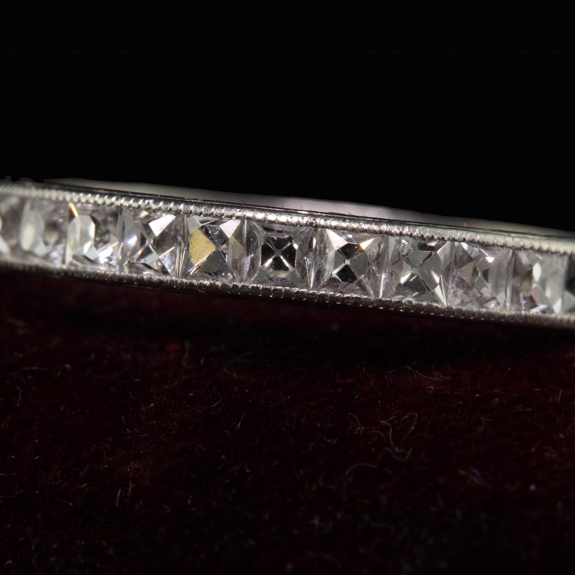 Antique Edwardian Platinum French Cut Diamond Engraved Eternity Ring - Size 7 In Good Condition For Sale In Great Neck, NY
