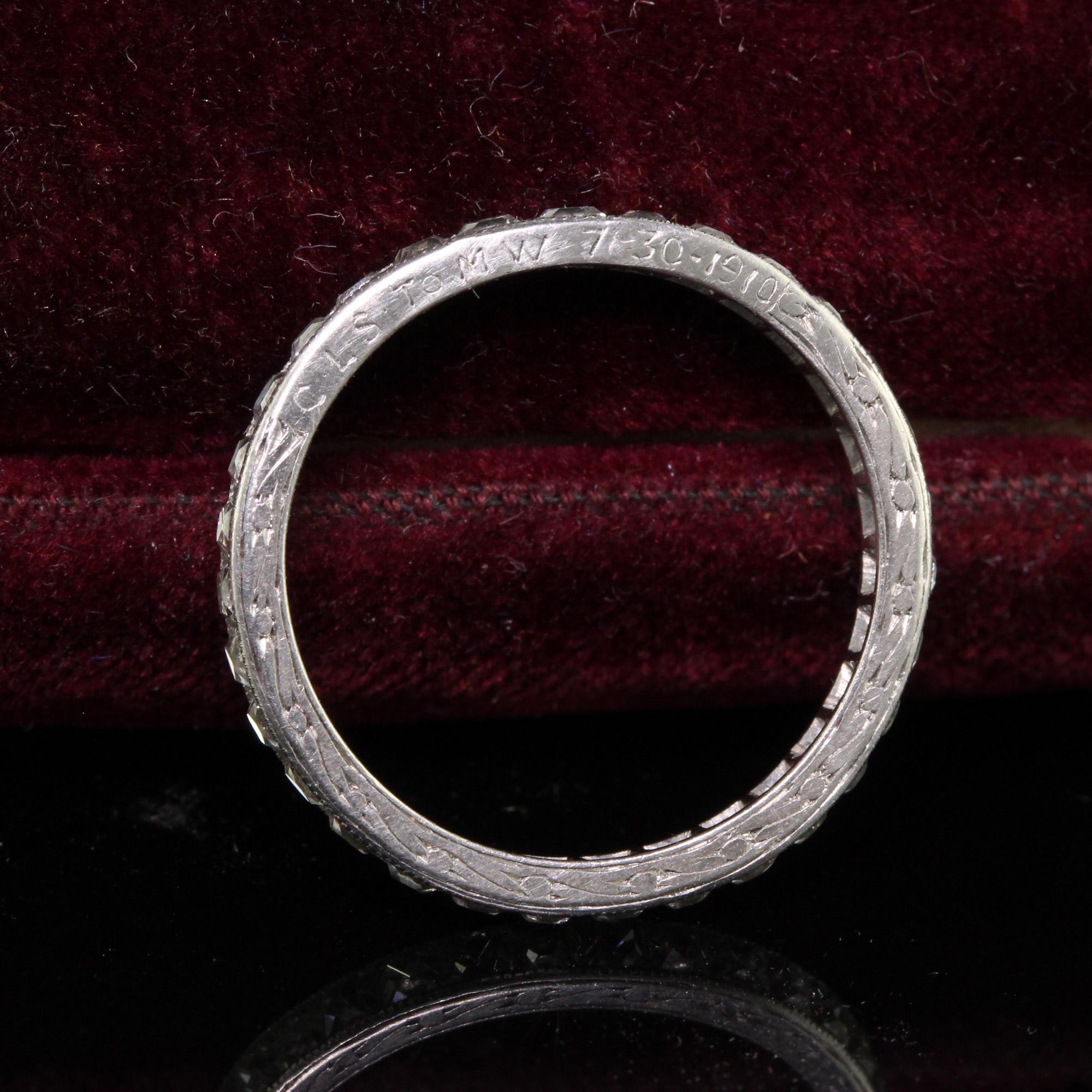 Women's Antique Edwardian Platinum French Cut Diamond Engraved Eternity Ring - Size 7 For Sale