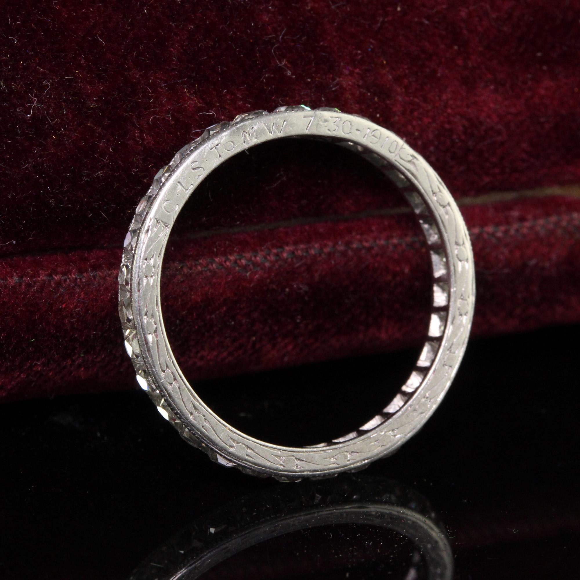 Antique Edwardian Platinum French Cut Diamond Engraved Eternity Ring - Size 7 For Sale 1