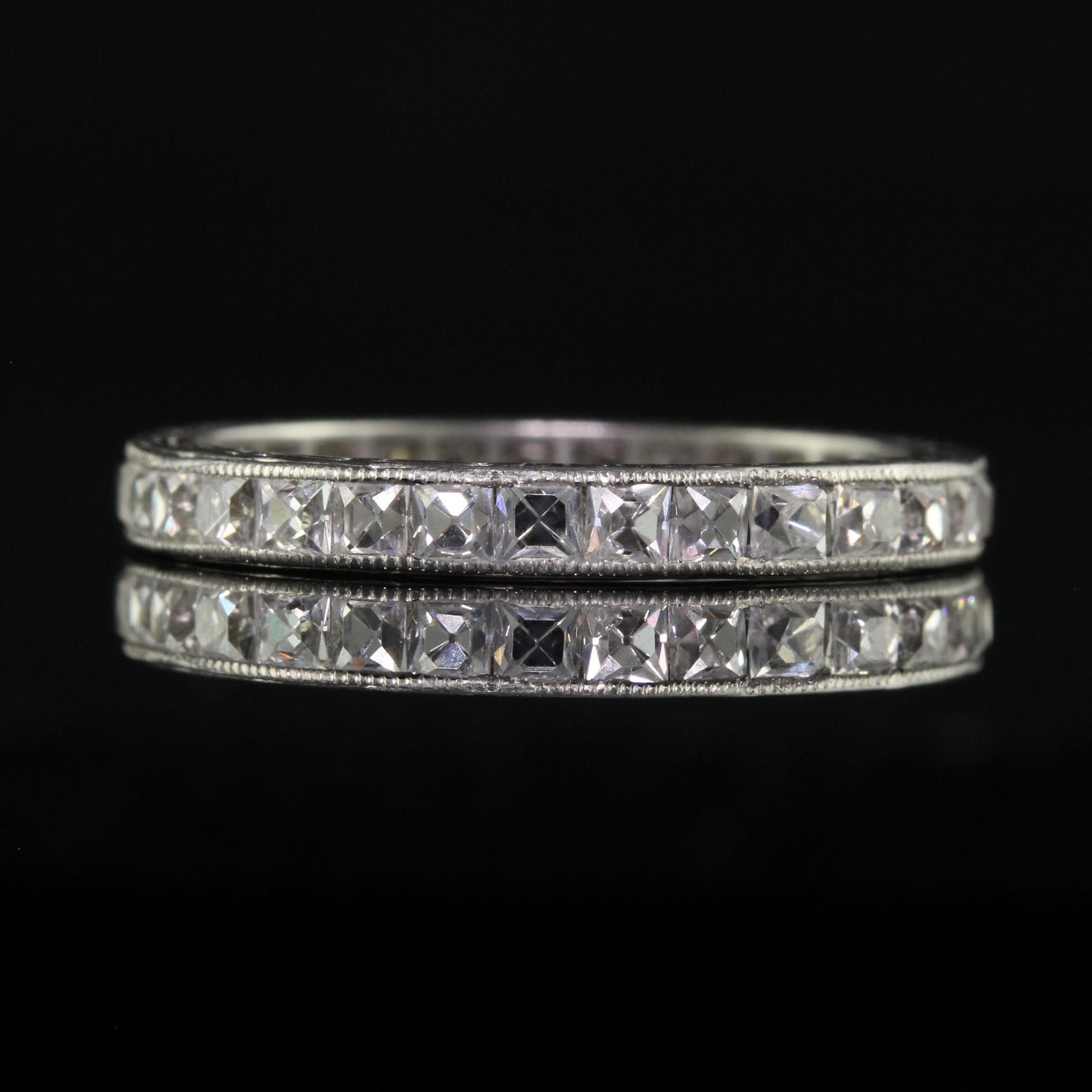 Antique Edwardian Platinum French Cut Diamond Engraved Eternity Ring - Size 7 For Sale 2