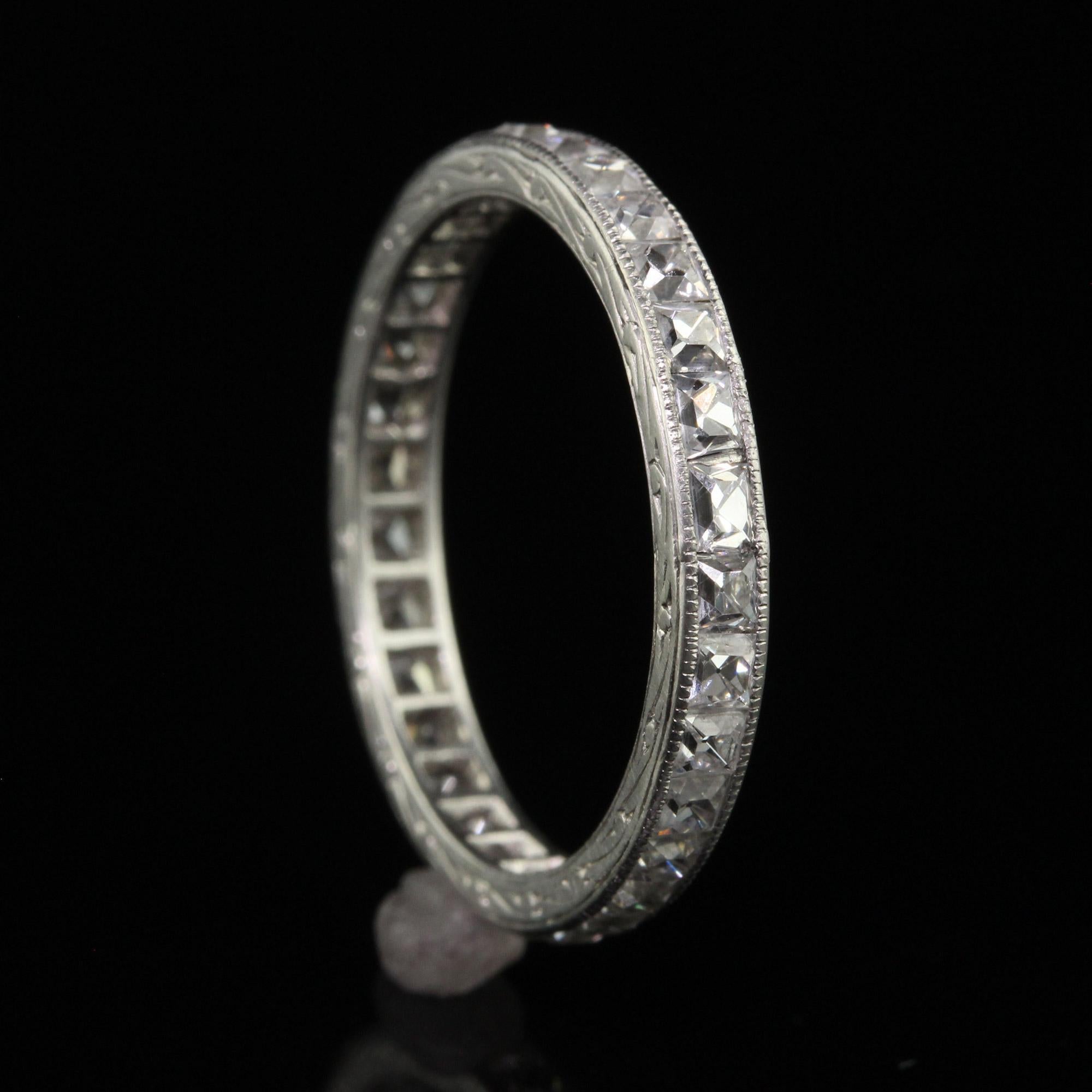Antique Edwardian Platinum French Cut Diamond Engraved Eternity Ring - Size 7 For Sale 3