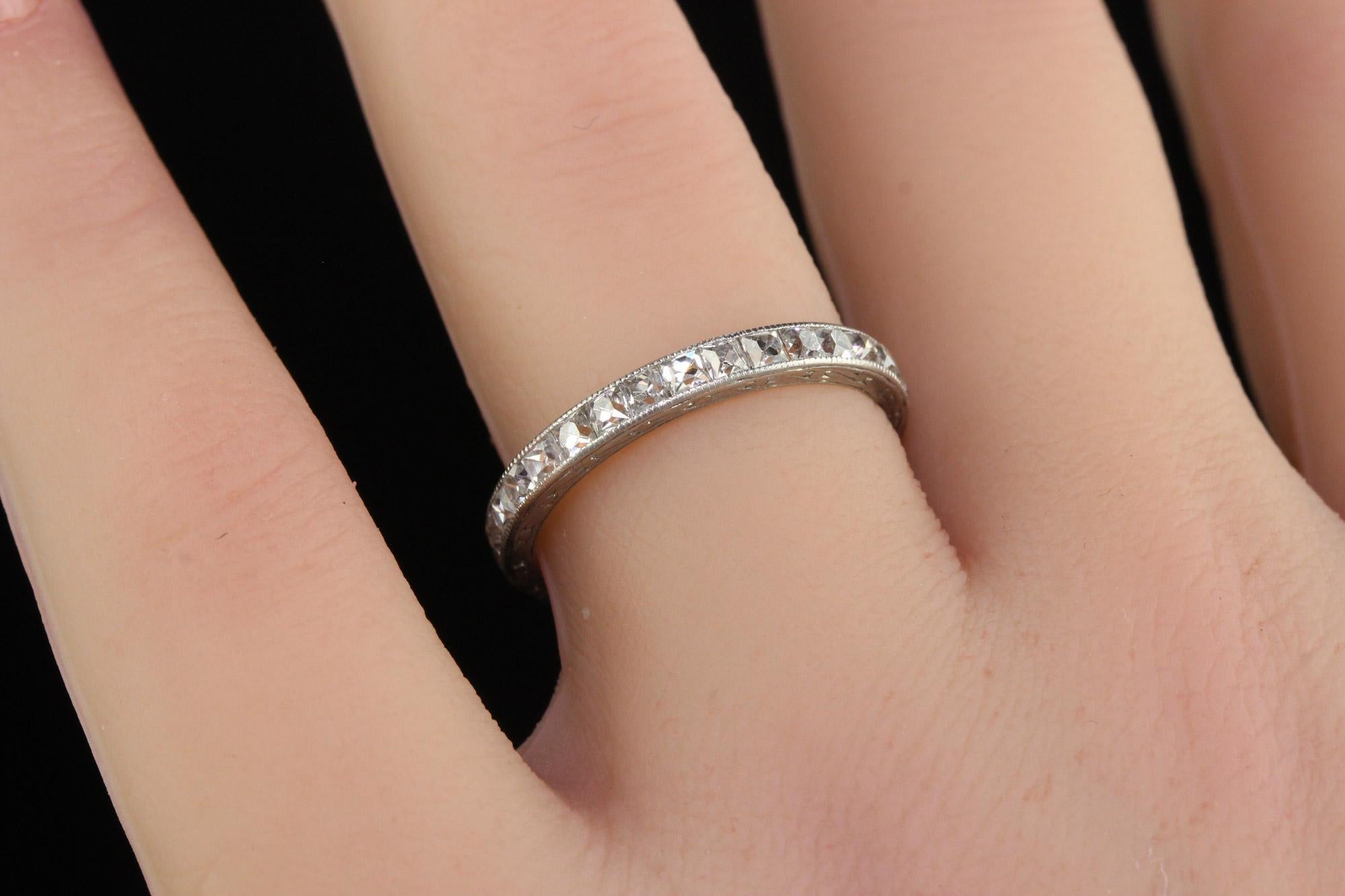 Antique Edwardian Platinum French Cut Diamond Engraved Eternity Ring - Size 7 For Sale 4