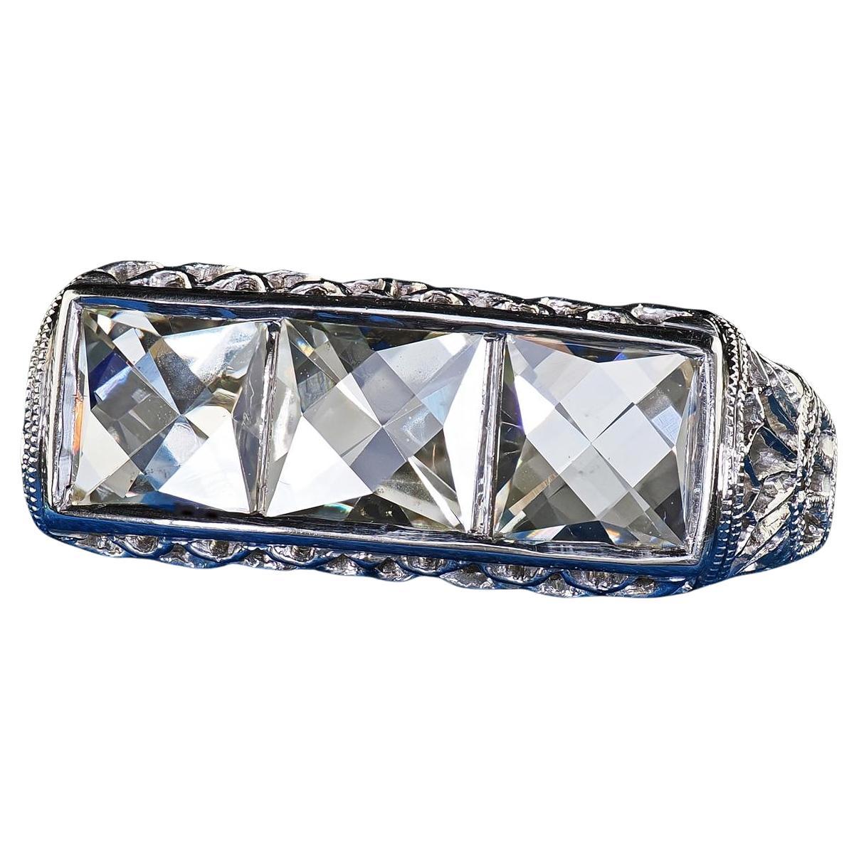 Antique Edwardian Platinum French Cut Diamond Filigree Three Stone Ring For Sale