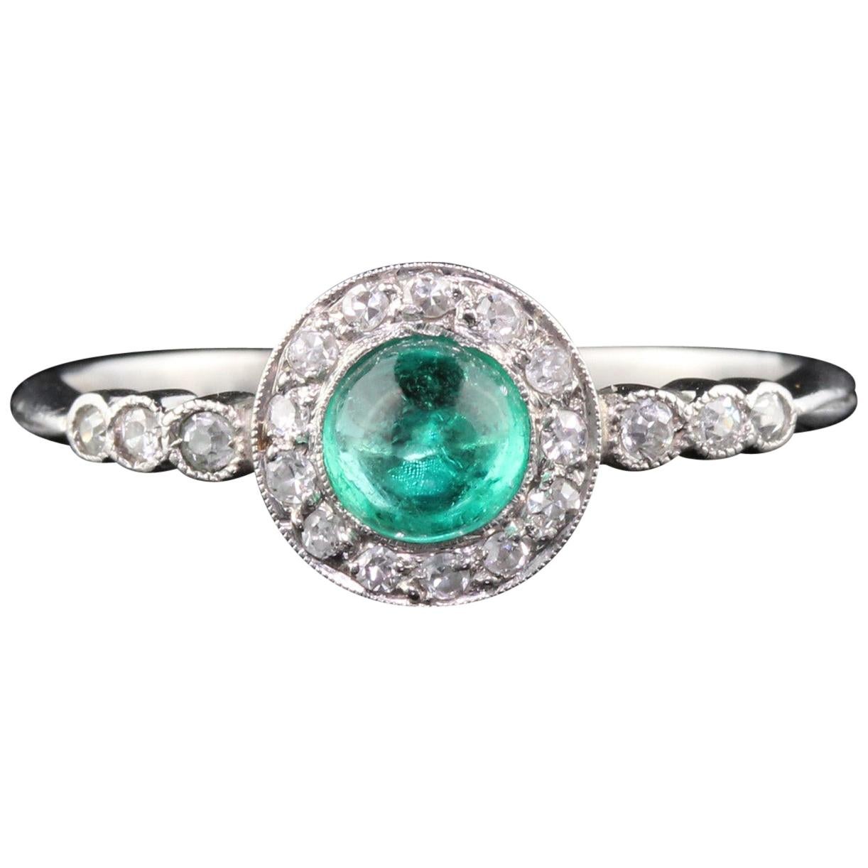 Antique Edwardian Platinum French Emerald and Diamond Engagement Ring