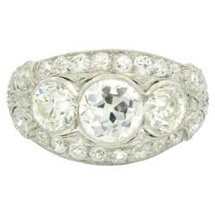 Antique Edwardian Platinum GIA 2.79ctw Old Bezel Diamond Engraved Wide Band Ring