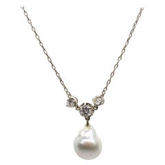 Antique Edwardian Platinum GIA Certified Pearl and Diamonds Pendant