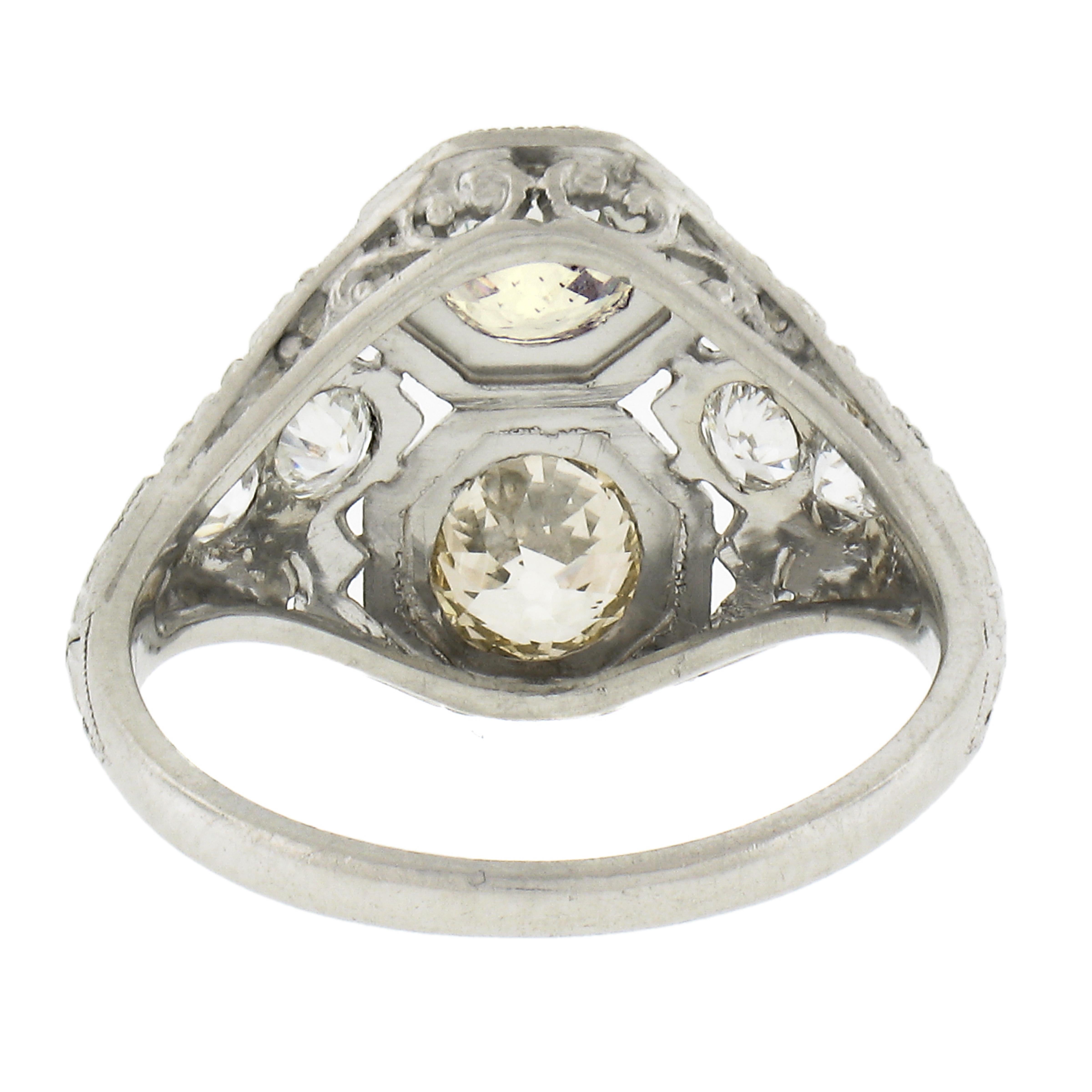 Antique Edwardian Platinum GIA Diamond Milgrain Filigree Work Cocktail Ring For Sale 3